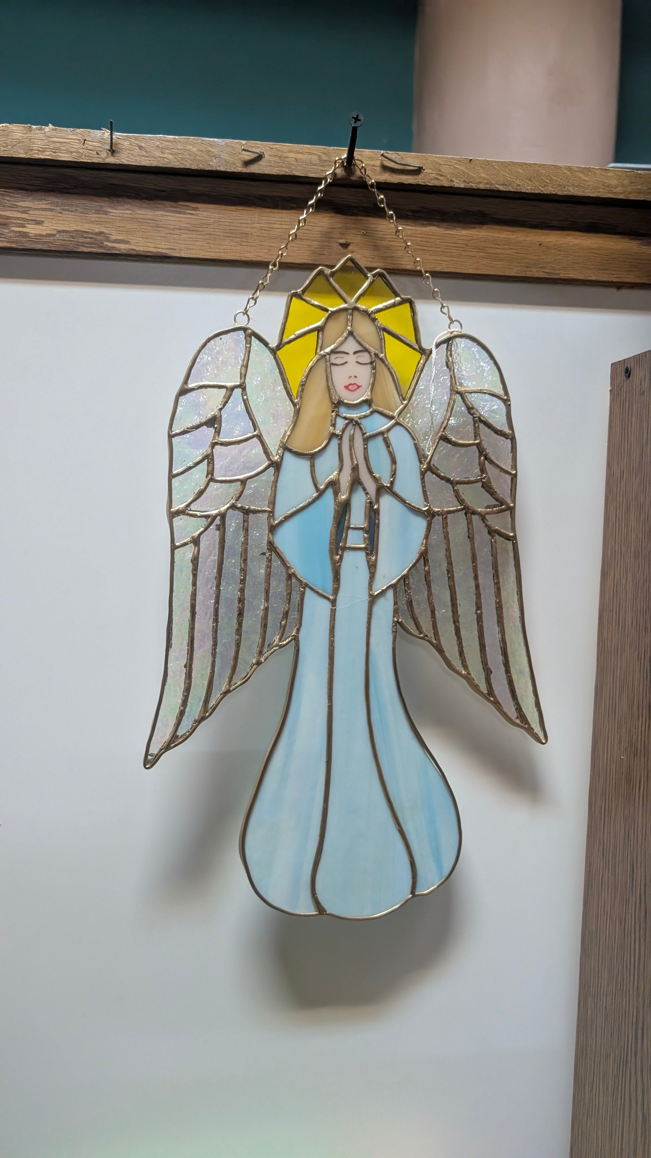Vintage Stained Glass Angel Wall Hanging Religious Art Blue Gown Halo Wings Decor