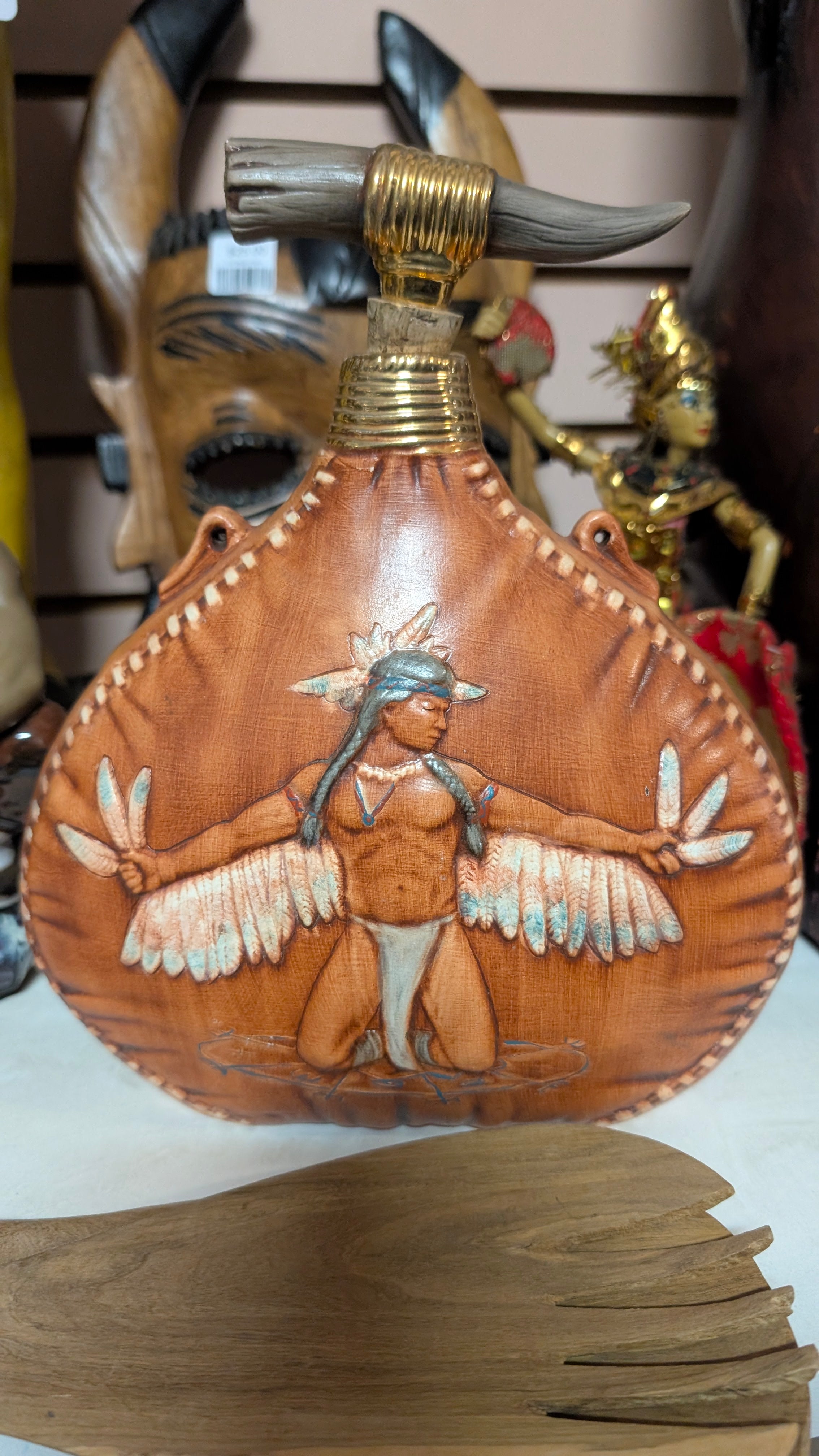 Vintage Ceramic Native American Style Canteen Figurative Western Decor Display