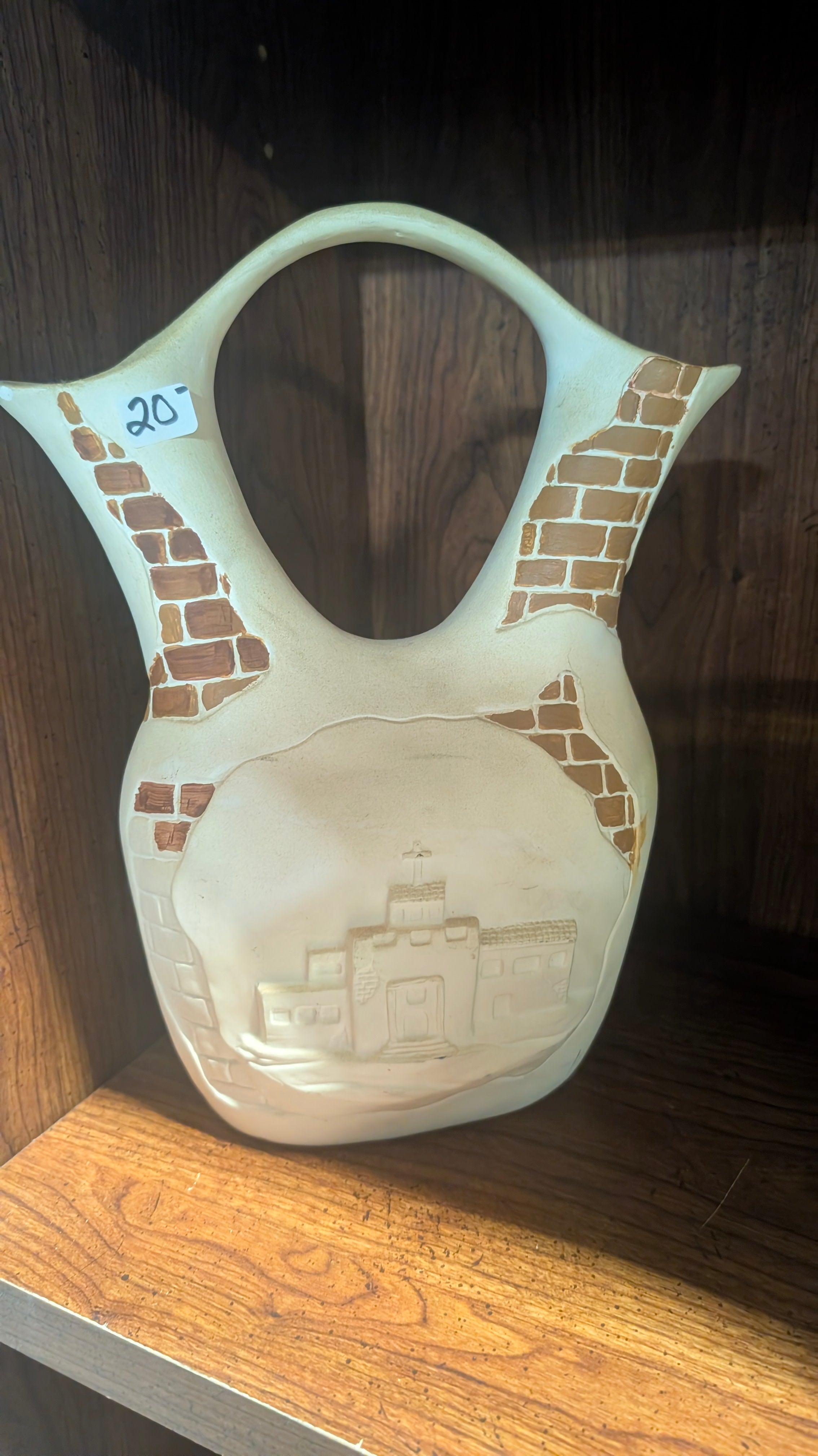 Vintage Handcrafted Ceramic Basket Vase Brick Pattern Village Relief Decor Art