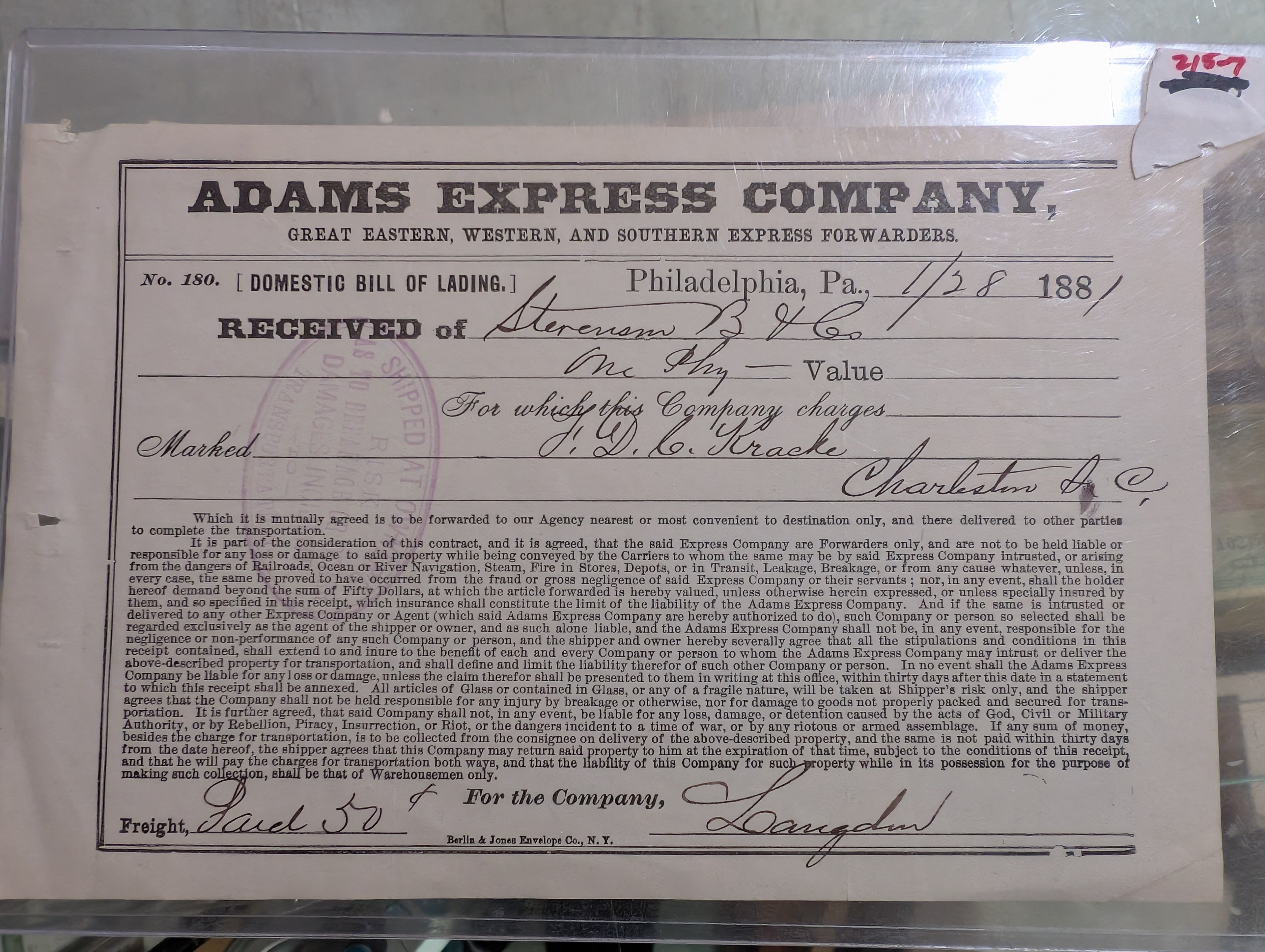 Antique 1881 Adams Express Company Domestic Bill Of Lading Shipping Document