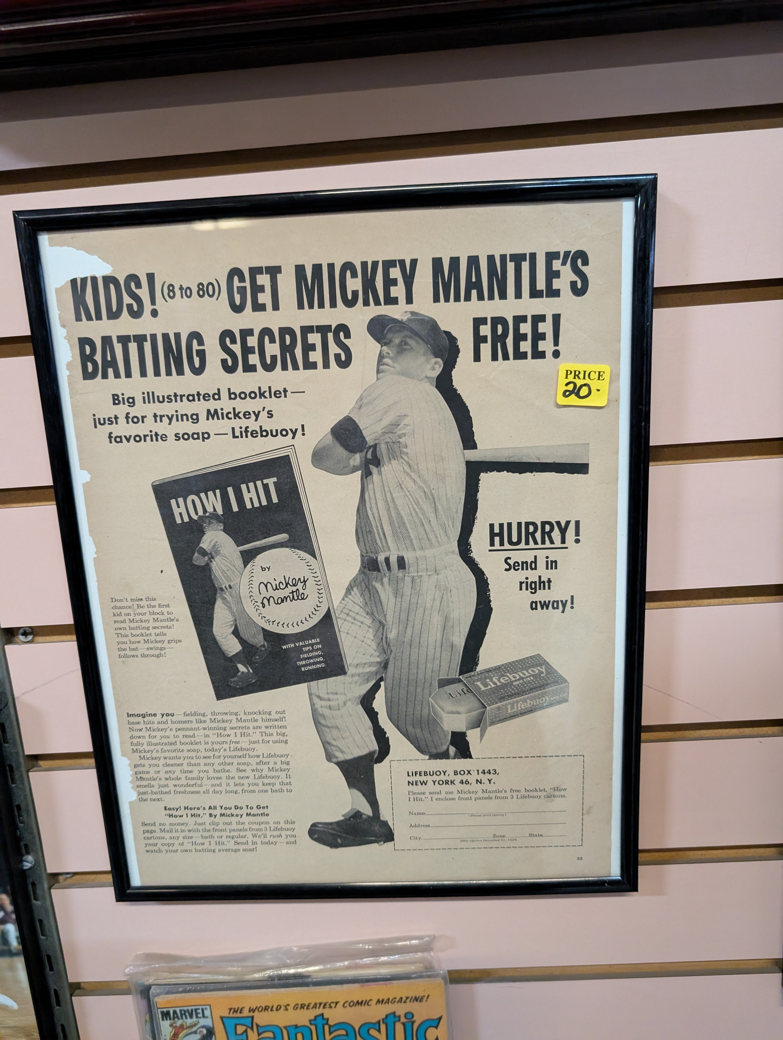 Vintage Framed Mickey Mantle Lifebuoy Soap Batting Secrets Advertising Poster