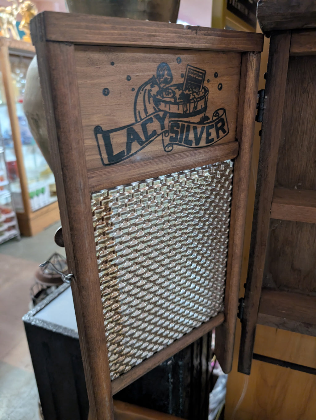 Vintage Columbus Washboard Lazy Silver Easy Wood Washboard Cabinet Advertising