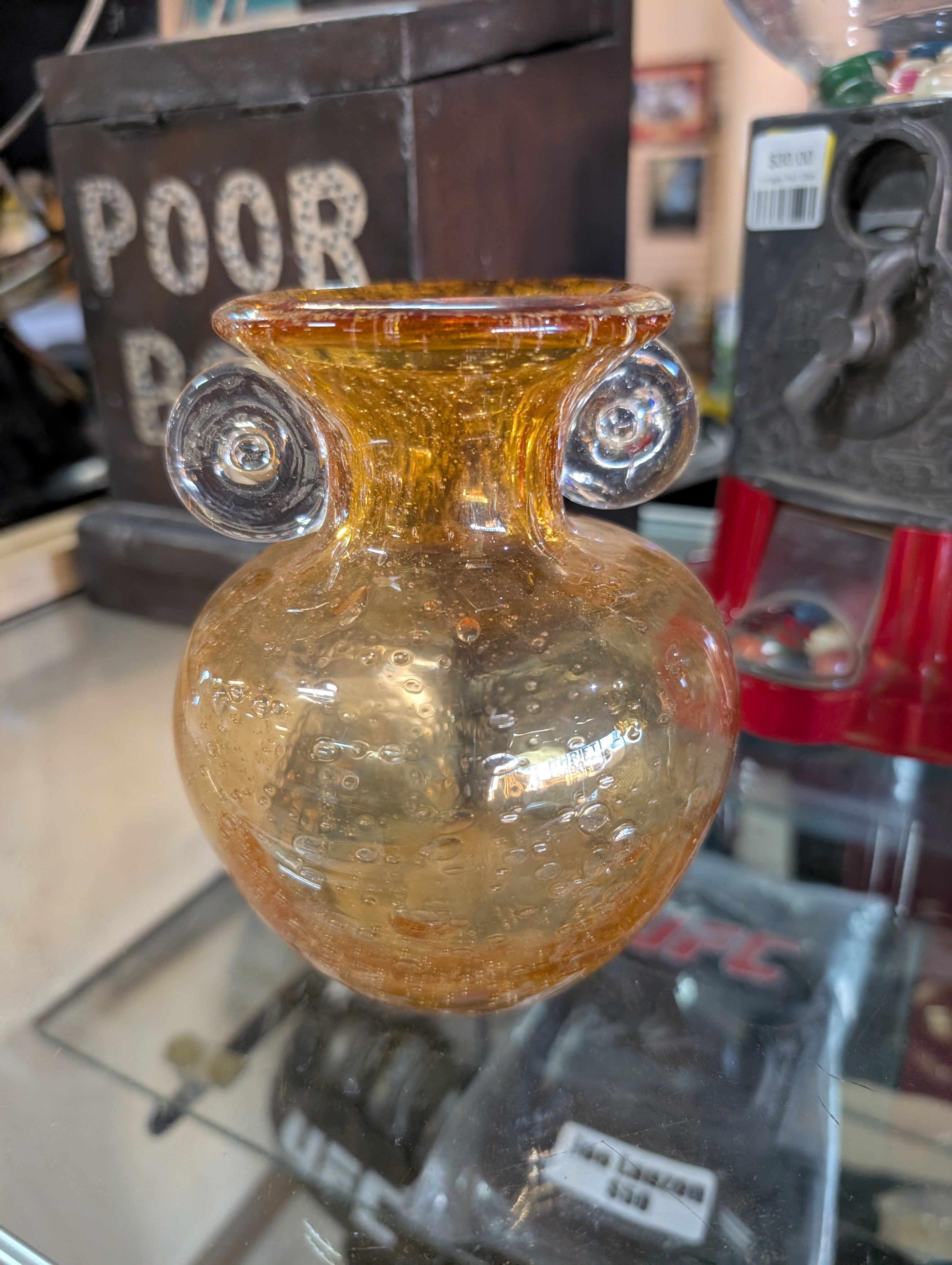 Vintage Amber Bubble Glass Vase With Applied Clear Handles Art Glass Decor