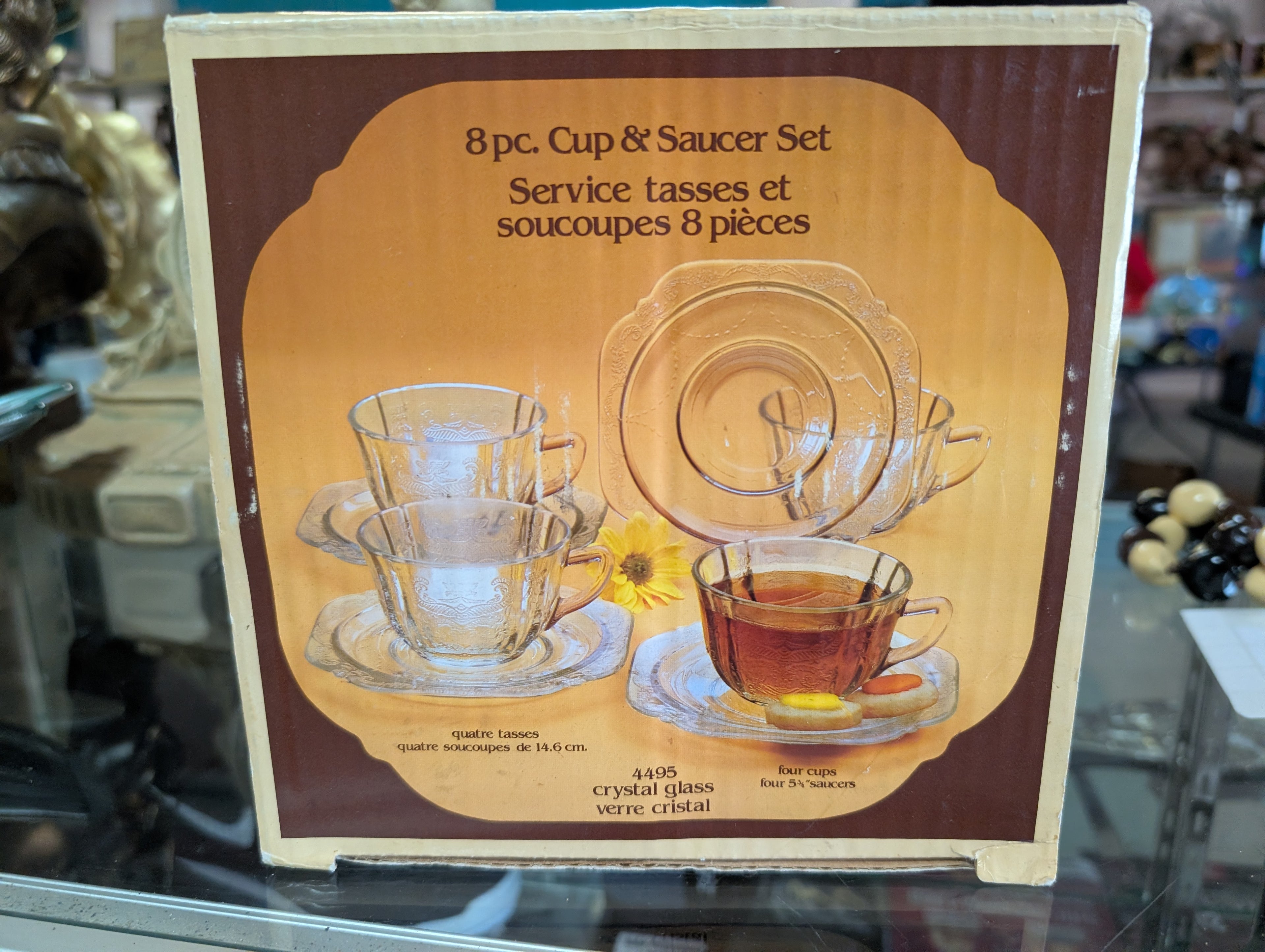 Vintage Crystal Glass 8 Piece Cup And Saucer Set Boxed Tea Service Decor Table