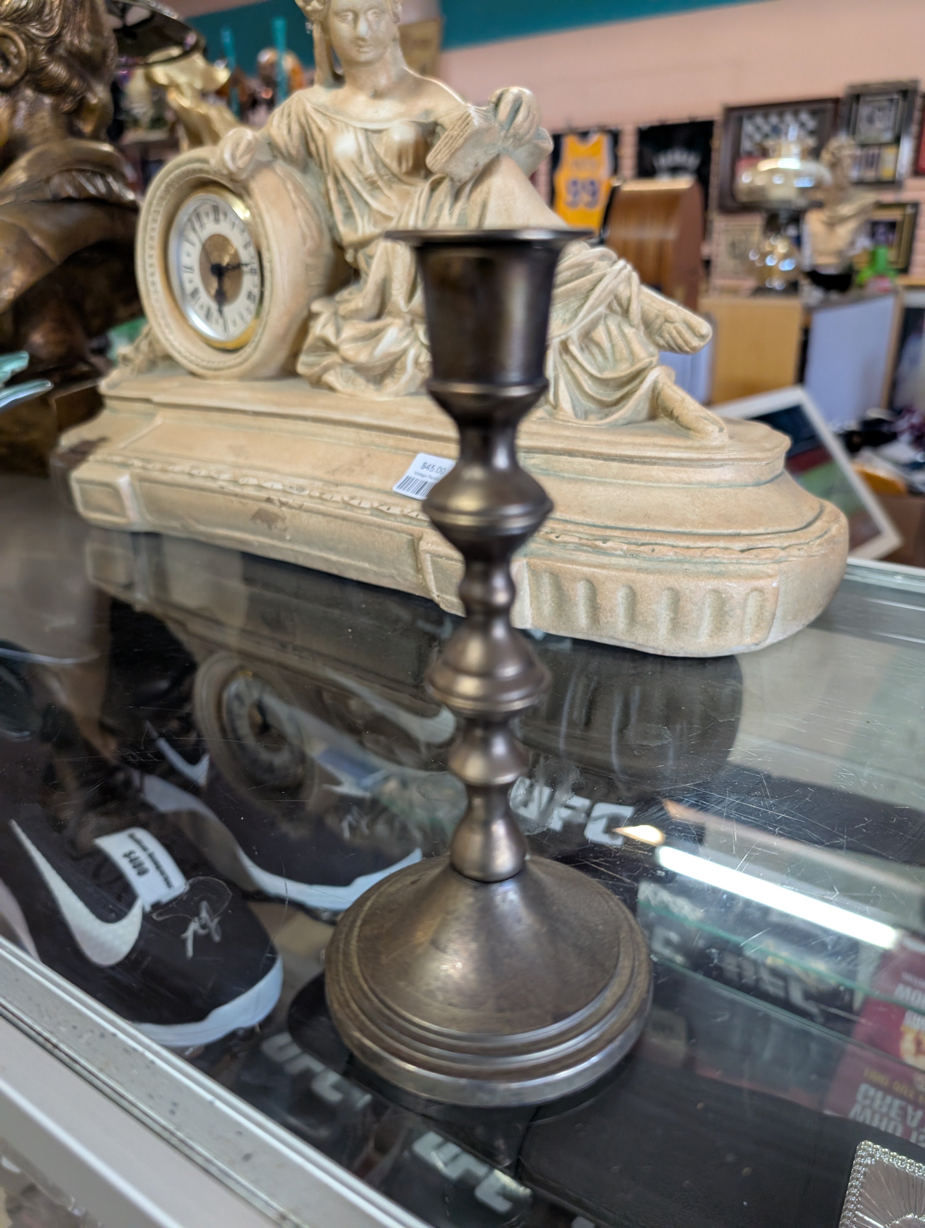 Vintage Pewter Style Metal Candlestick Holder Tall Tabletop Decor Display Home