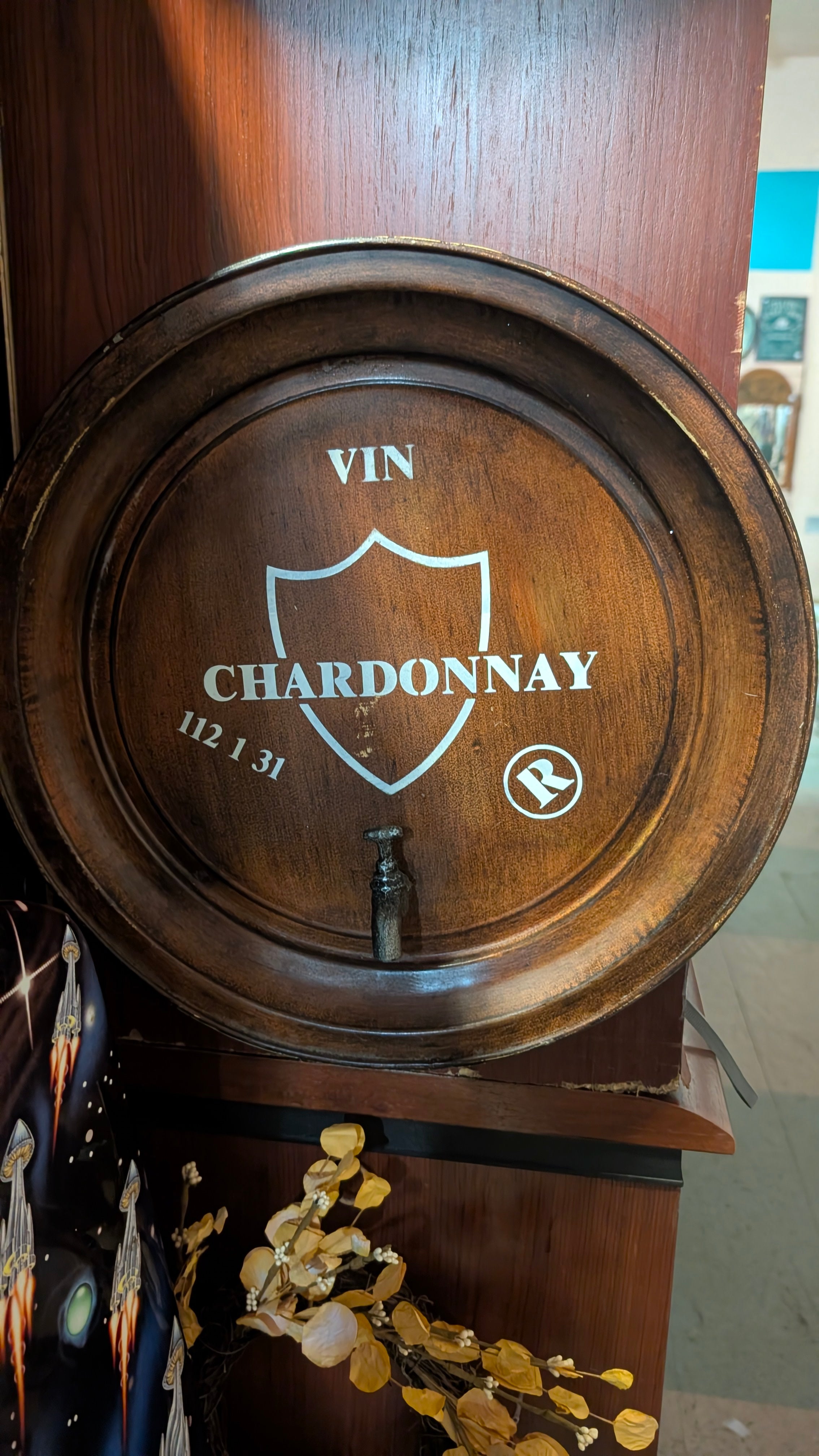 Vintage Chardonnay Wine Barrel Front Wall Decor With Metal Spigot Display Piece