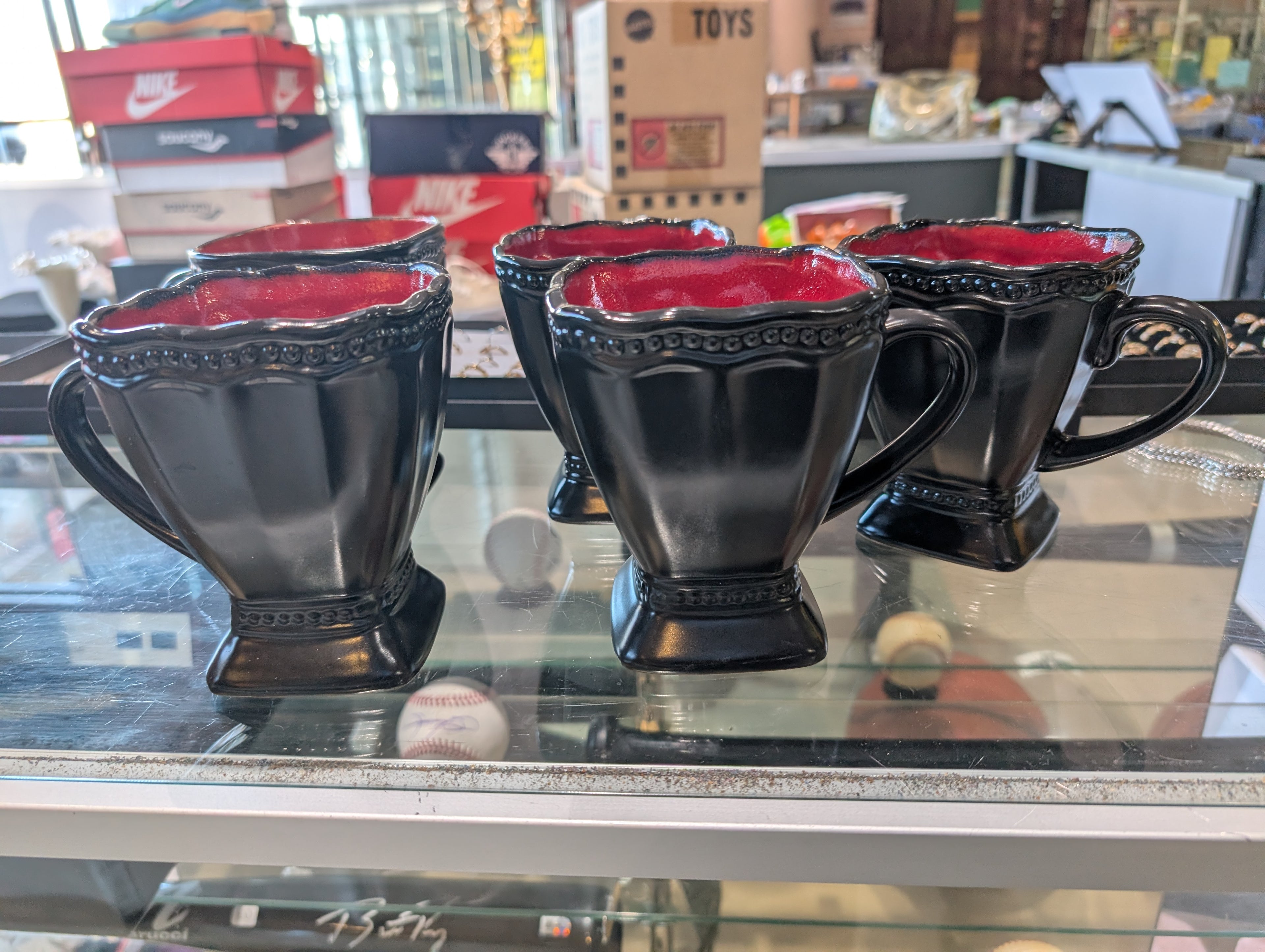 Set Of 5 Roscher & Co Hobnail Collection Black Stoneware Mugs Red Interior