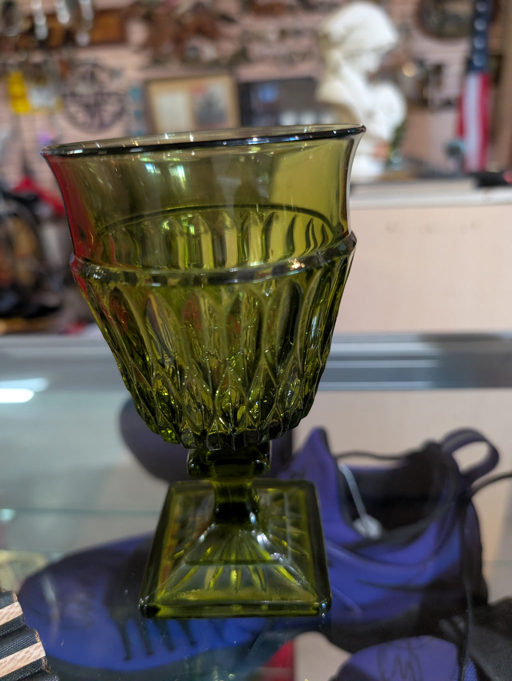 Vintage Green Glass Pedestal Goblet Pressed Glass Wine Chalice