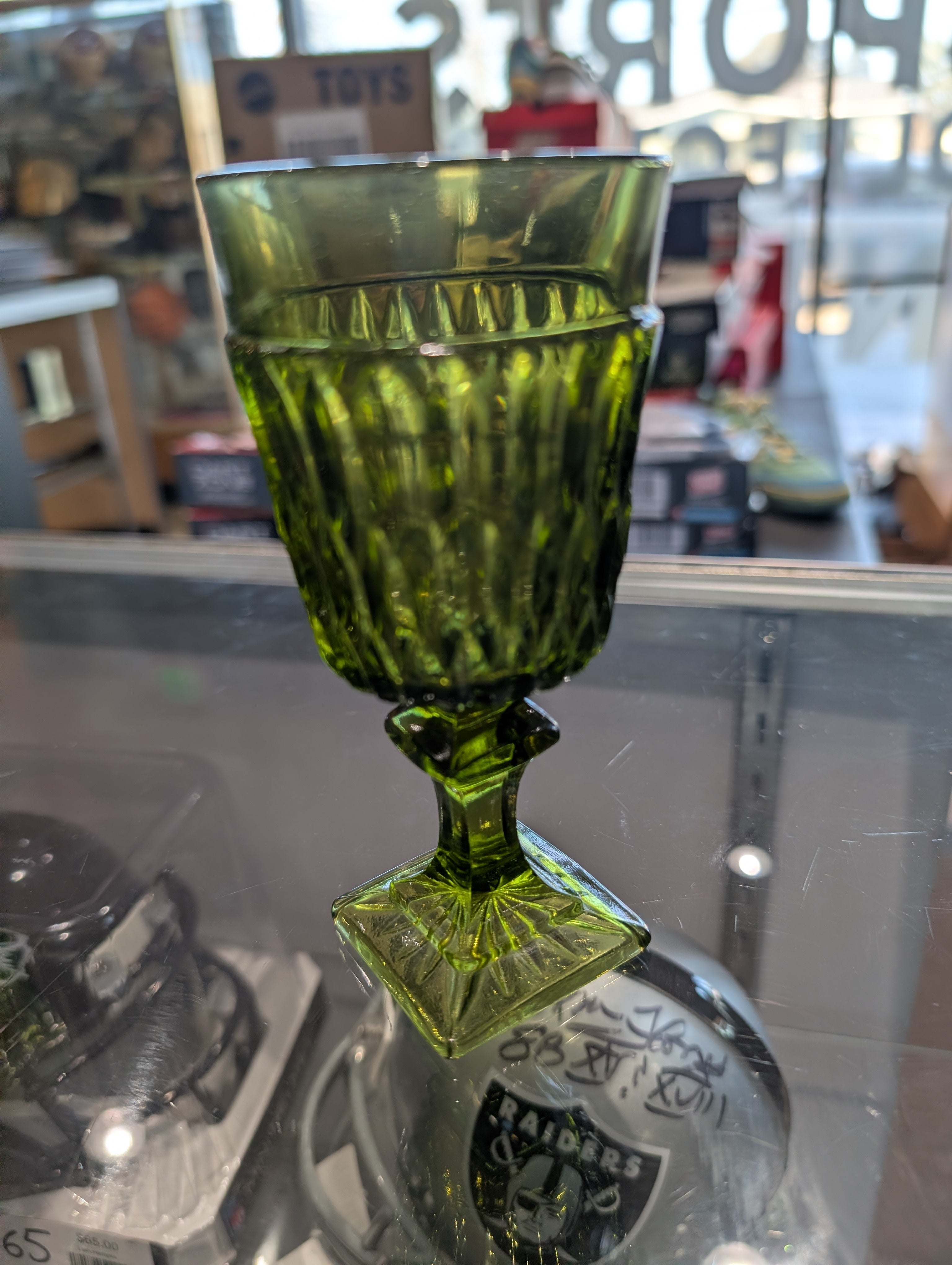 Vintage Green Glass Pedestal Goblet Pressed Glass Wine Chalice