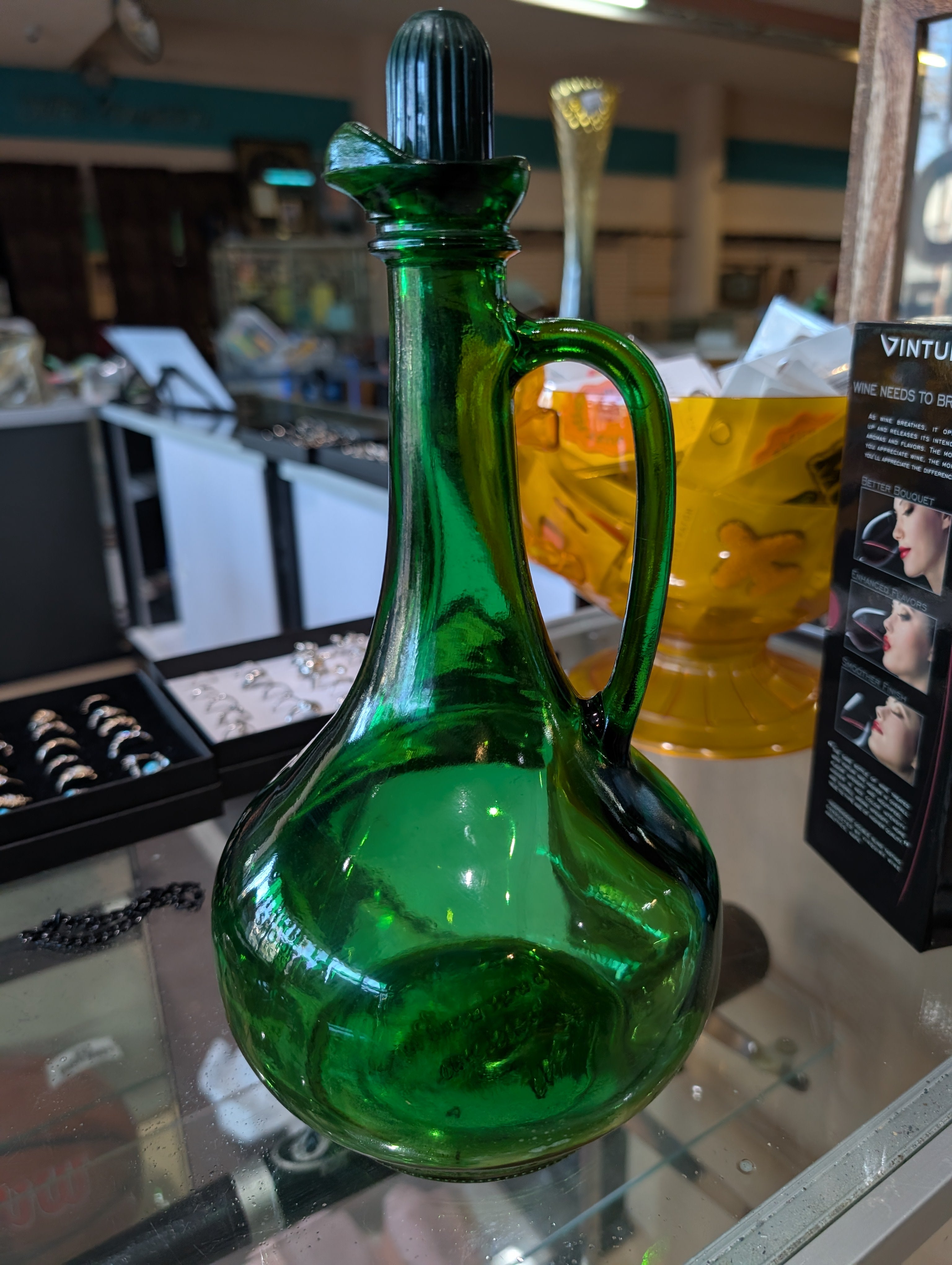 Vintage Green Glass Cruet Bottle With Stopper Hand Blown Mid Century Decor Art