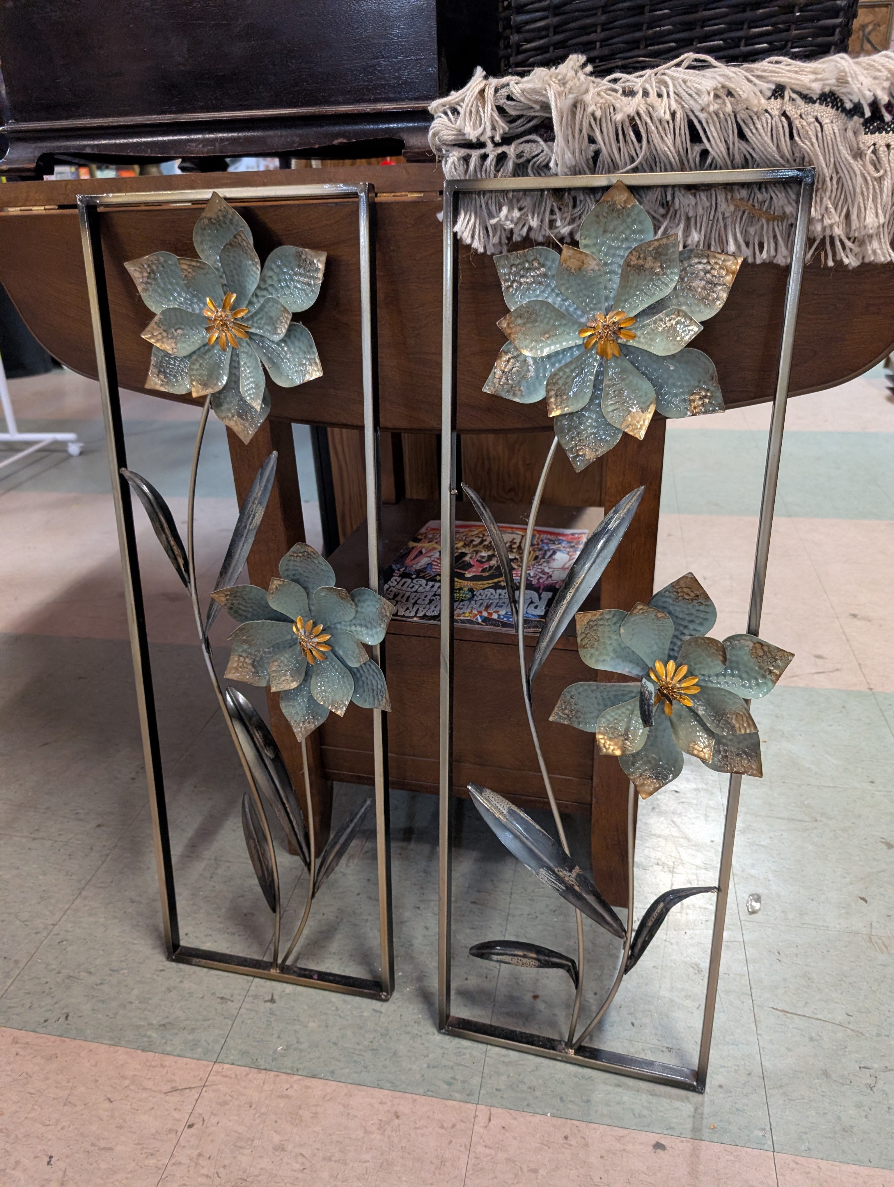 Vintage Metal Floral Wall Art Panel Set Blue Green Flowers Decorative Home Decor