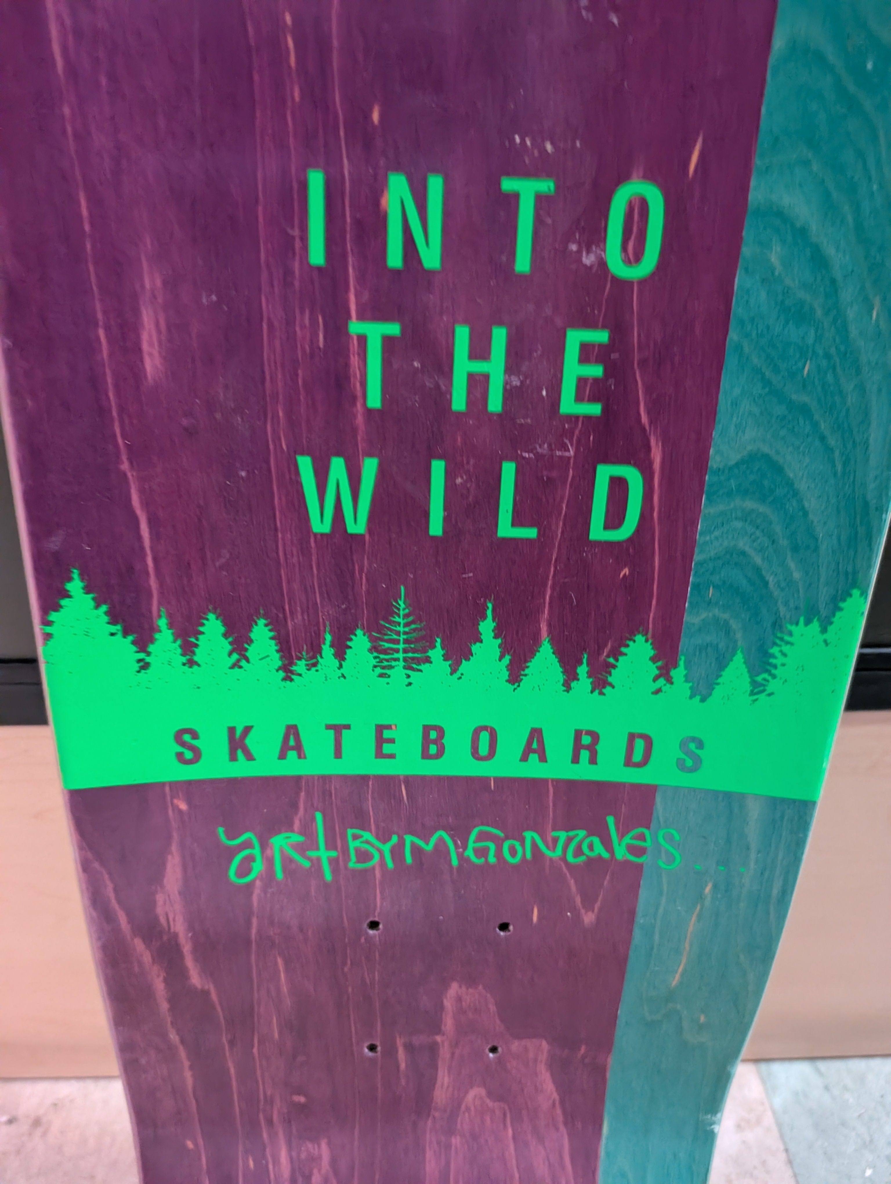 Into The Wild Skateboards Art By M. Gonzales Purple Green Graphic Skateboard Deck