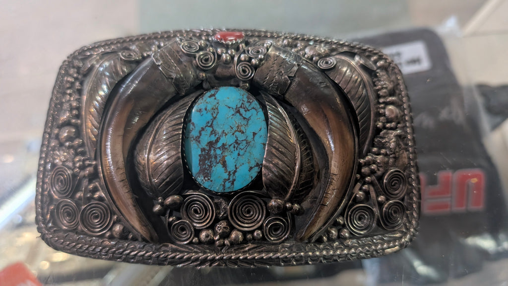 Vintage Sterling Silver Bear Claw Turquoise Belt Buckle Handcrafted Western