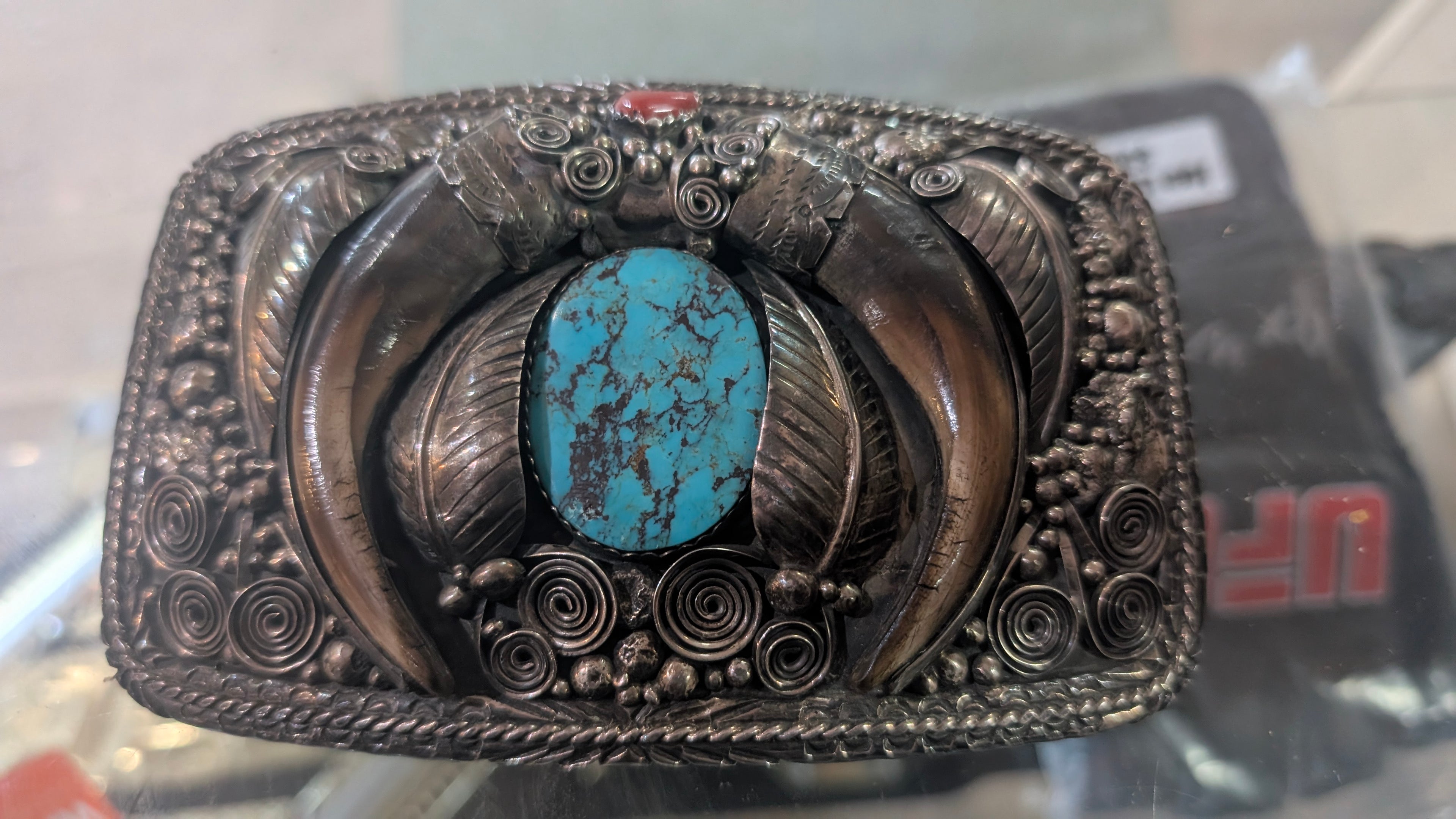 Vintage Sterling Silver Bear Claw Turquoise Belt Buckle Handcrafted Western
