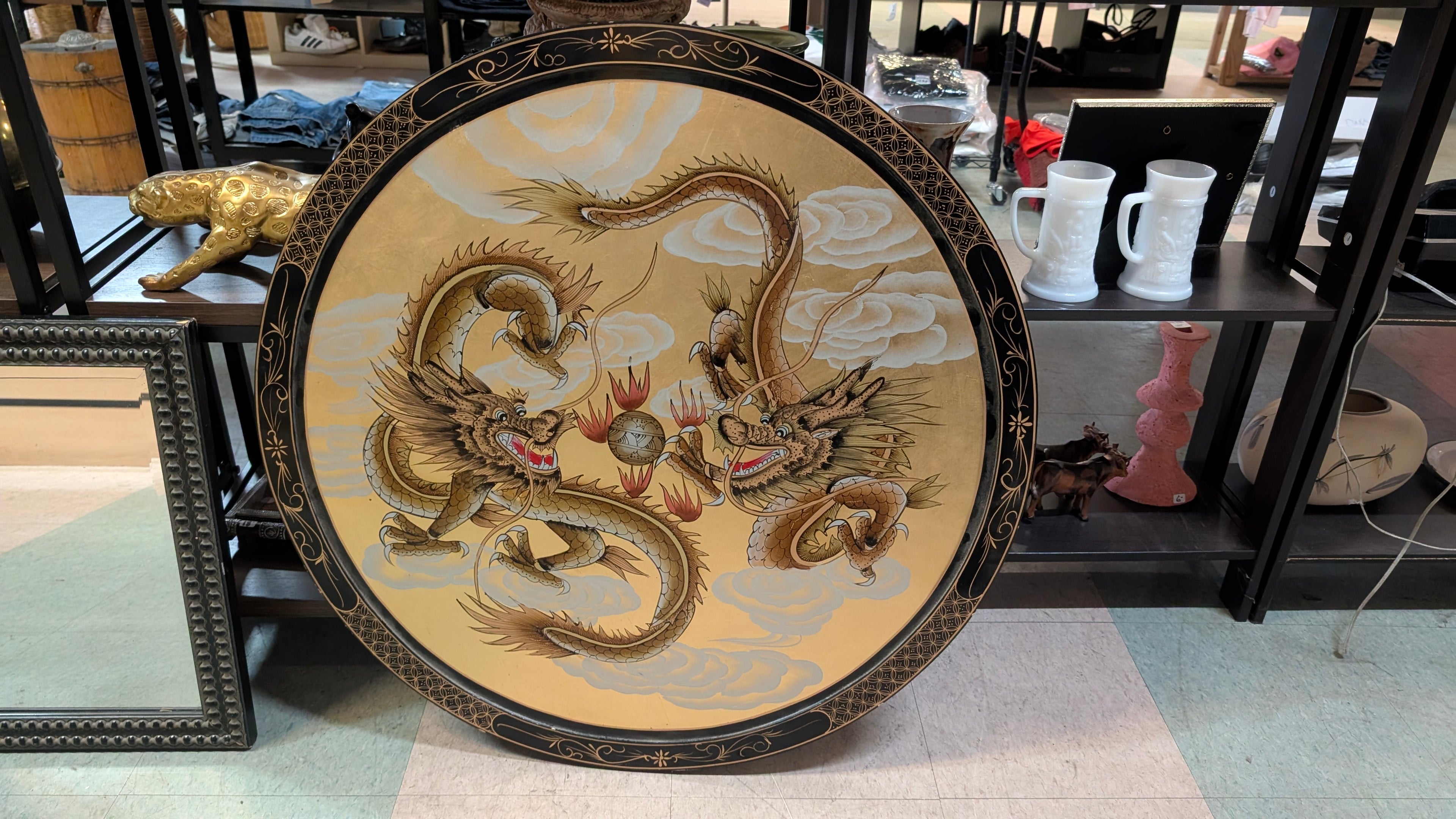 Vintage Large Chinese Dragon Round Lacquered Wall Plaque Decorative Art Asian