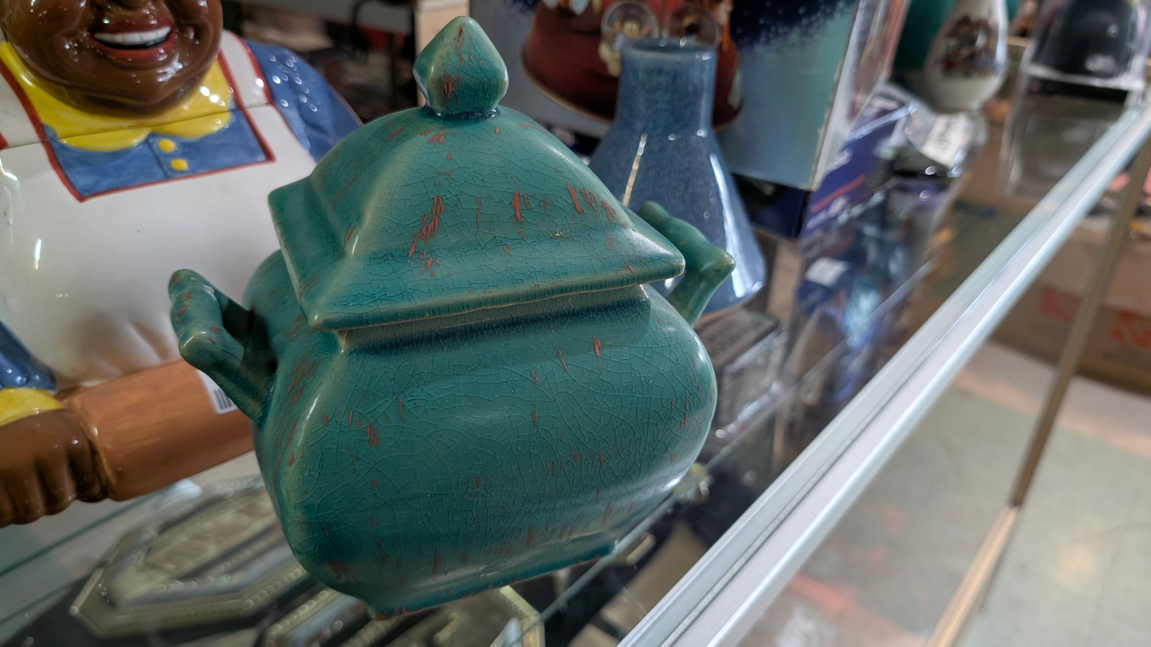 Decorative Teal Crackle Glaze Ceramic Jar With Lid Asian Style Home Decor