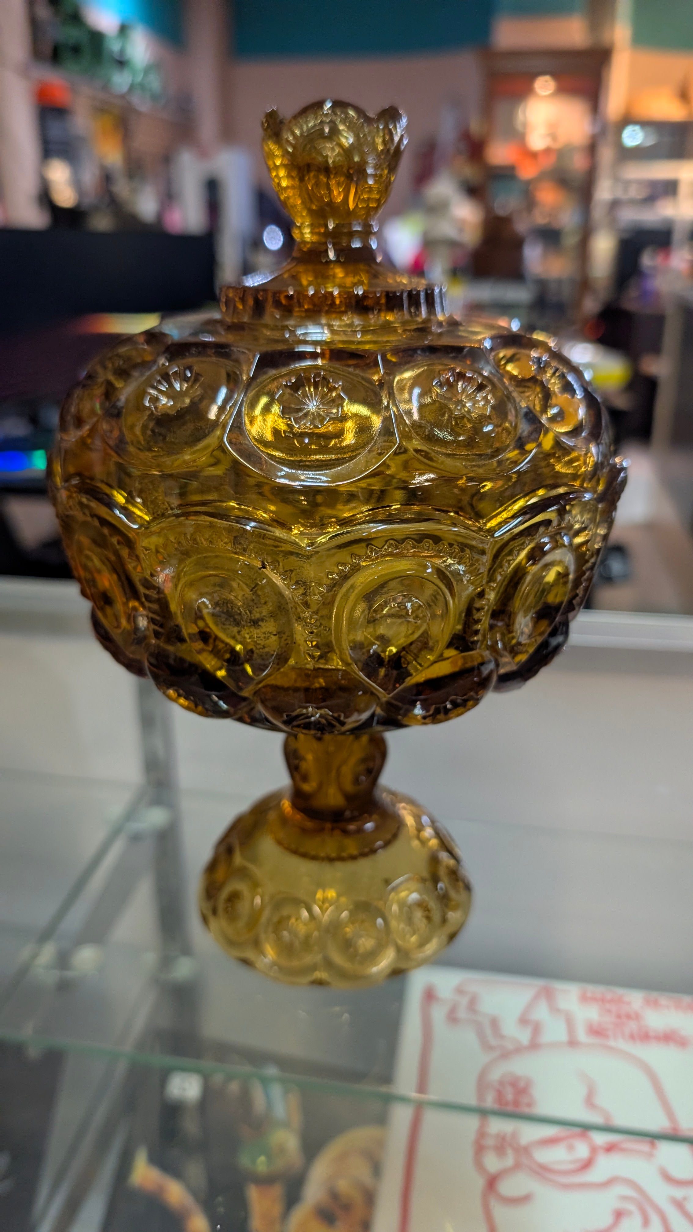 Vintage L E Smith Moon And Star Amber 10 Inch Compote Candy Dish Glassware Decor