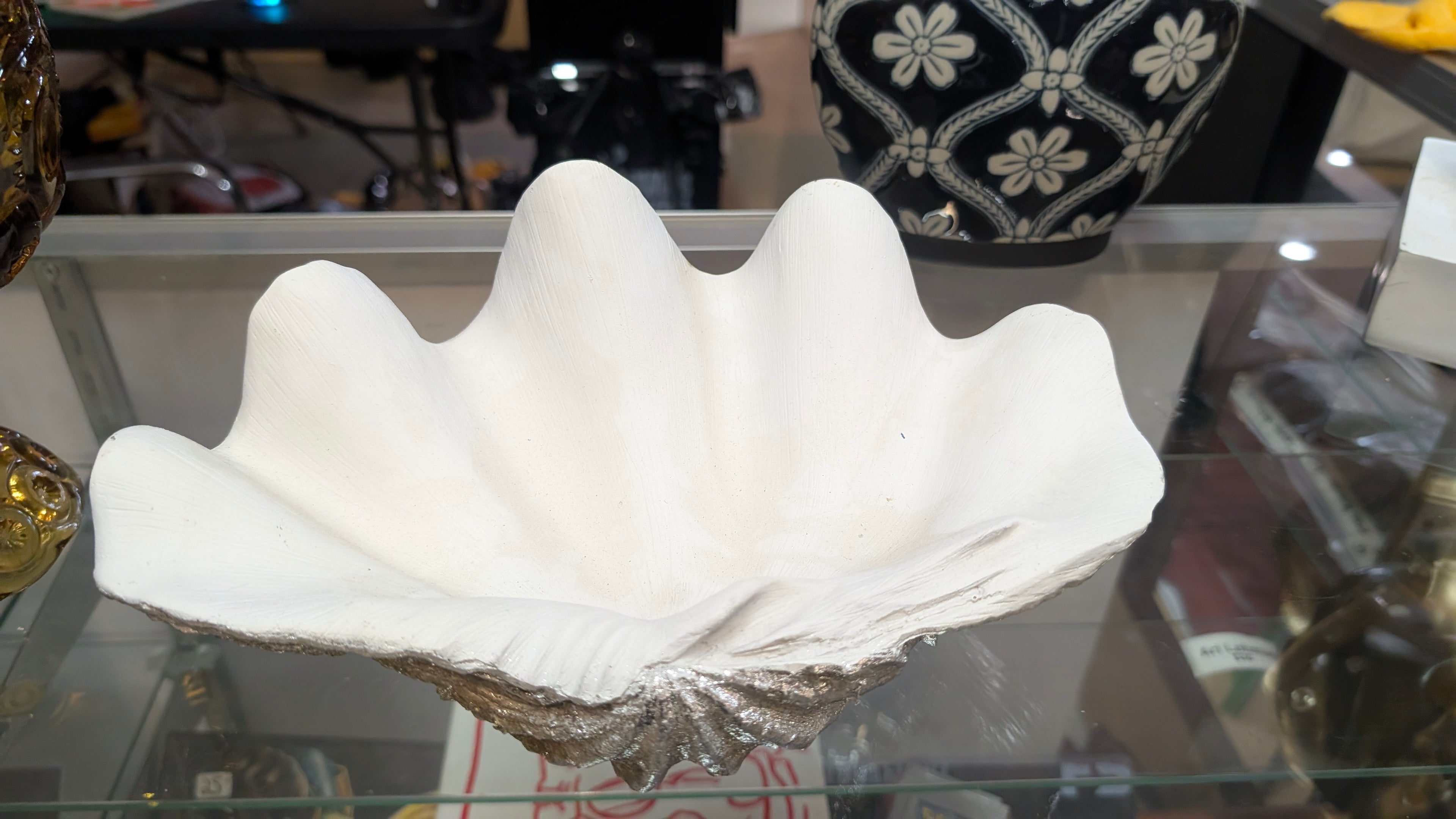 Decorative White Clamshell Bowl Silver Edge Coastal Nautical Home Decor Accent