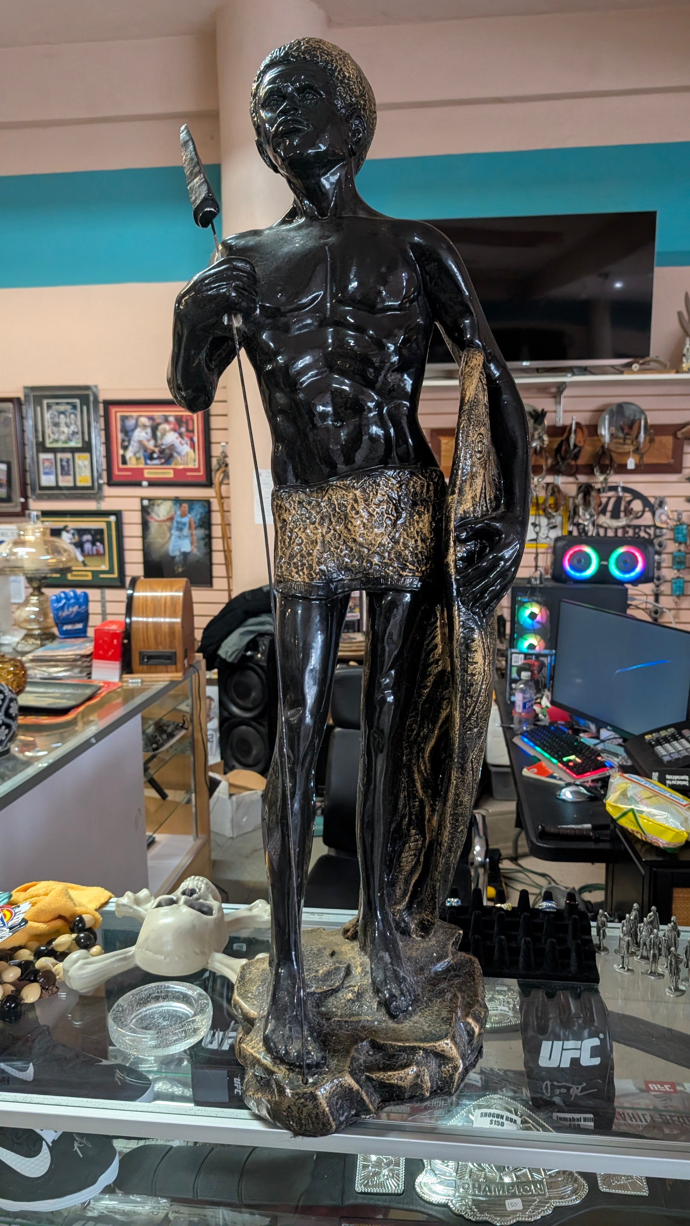 Vintage African Warrior Spear Statue Black Gold Tribal Decor Collectible Figure