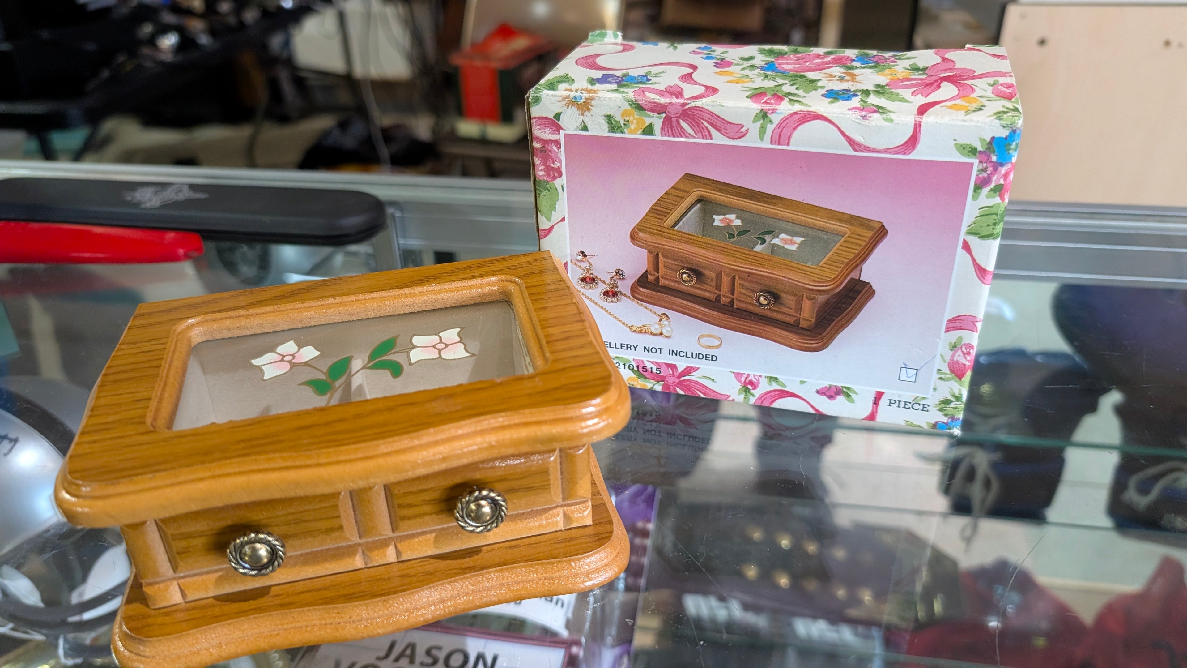 Vintage Wooden Jewelry Box Glass Lid Floral Inlay With Drawers Display Case