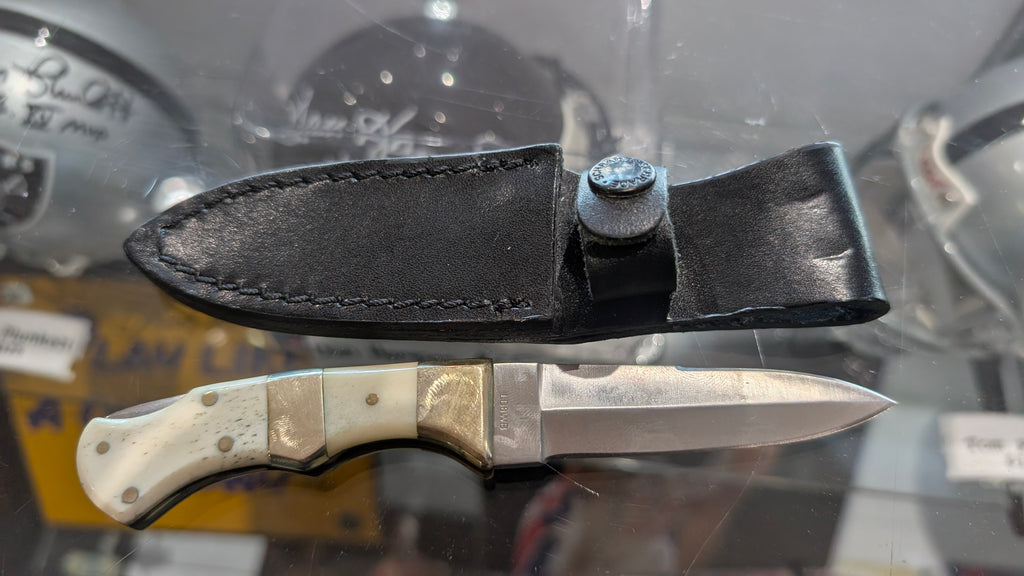 Vintage Schrade Cut Co LB8WB Fixed Blade Knife With Bone Handle And Leather Sheath