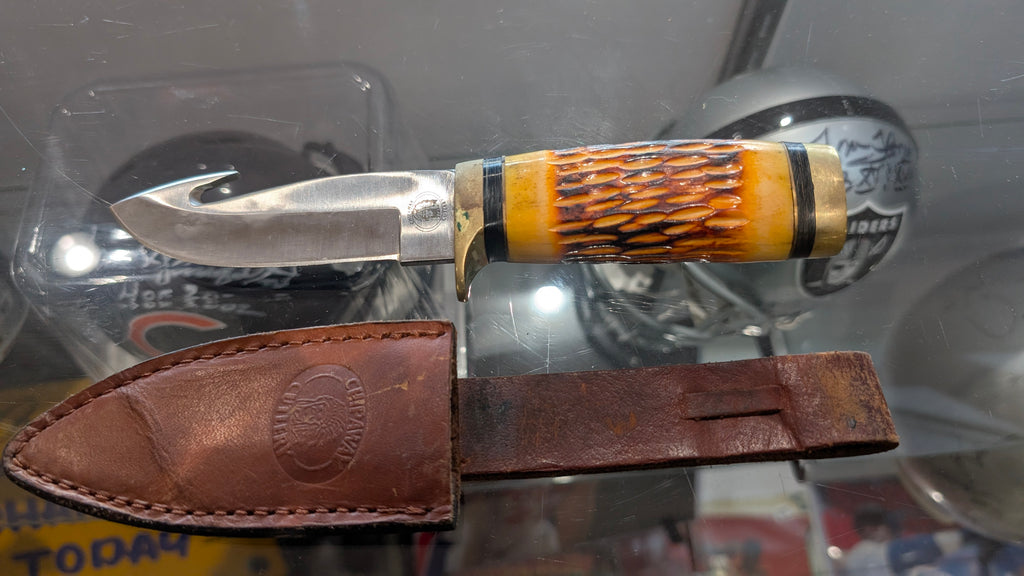 Vintage Chippewa Fixed Blade Skinning Knife With Carved Bone Handle And Leather Sheath