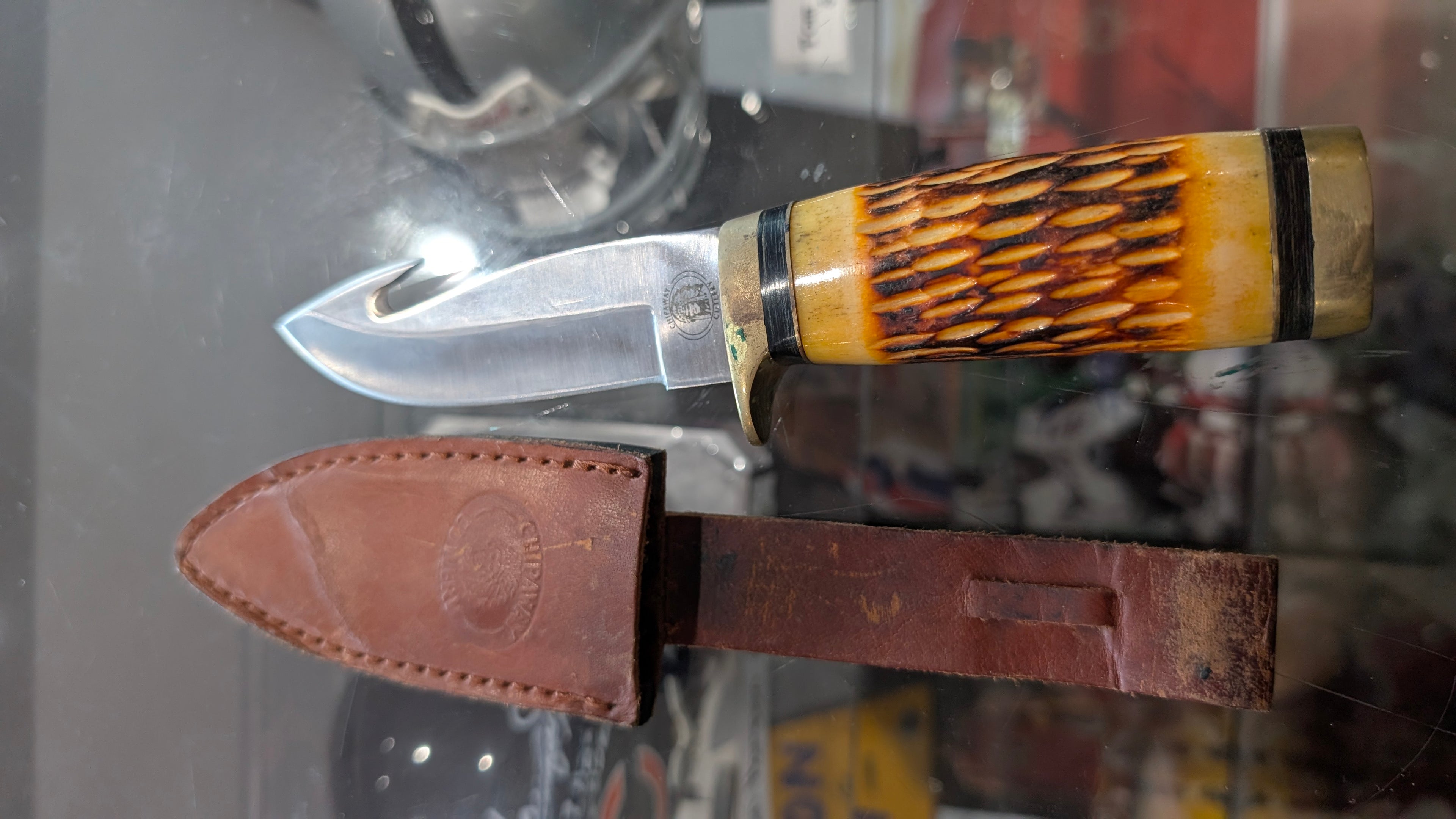 Vintage Chippewa Fixed Blade Skinning Knife With Carved Bone Handle And Leather Sheath