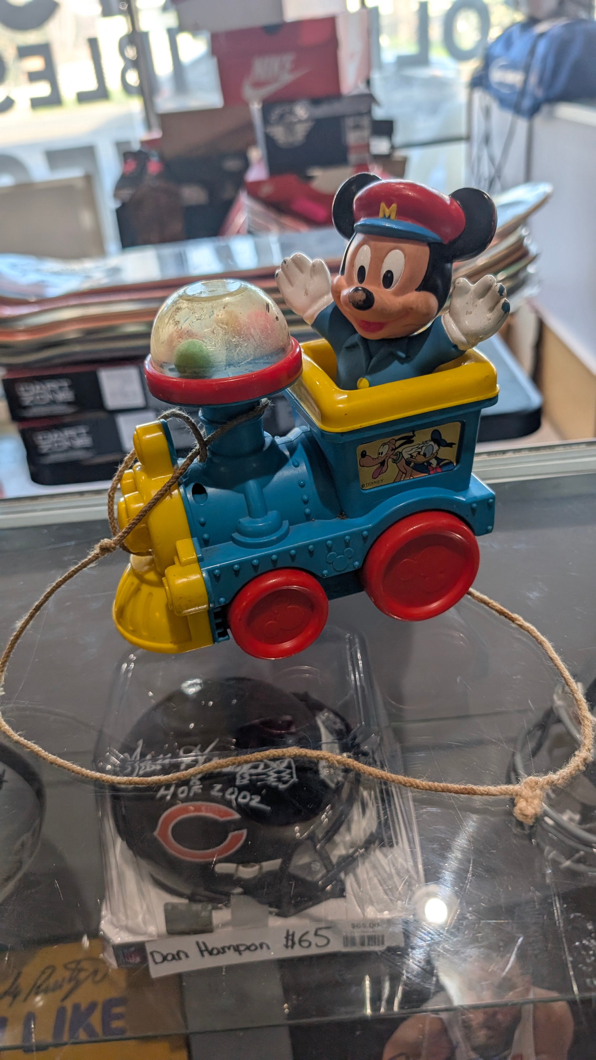 Vintage Disney Mickey Mouse Pull Toy Train Plastic Toy with Bell Dome