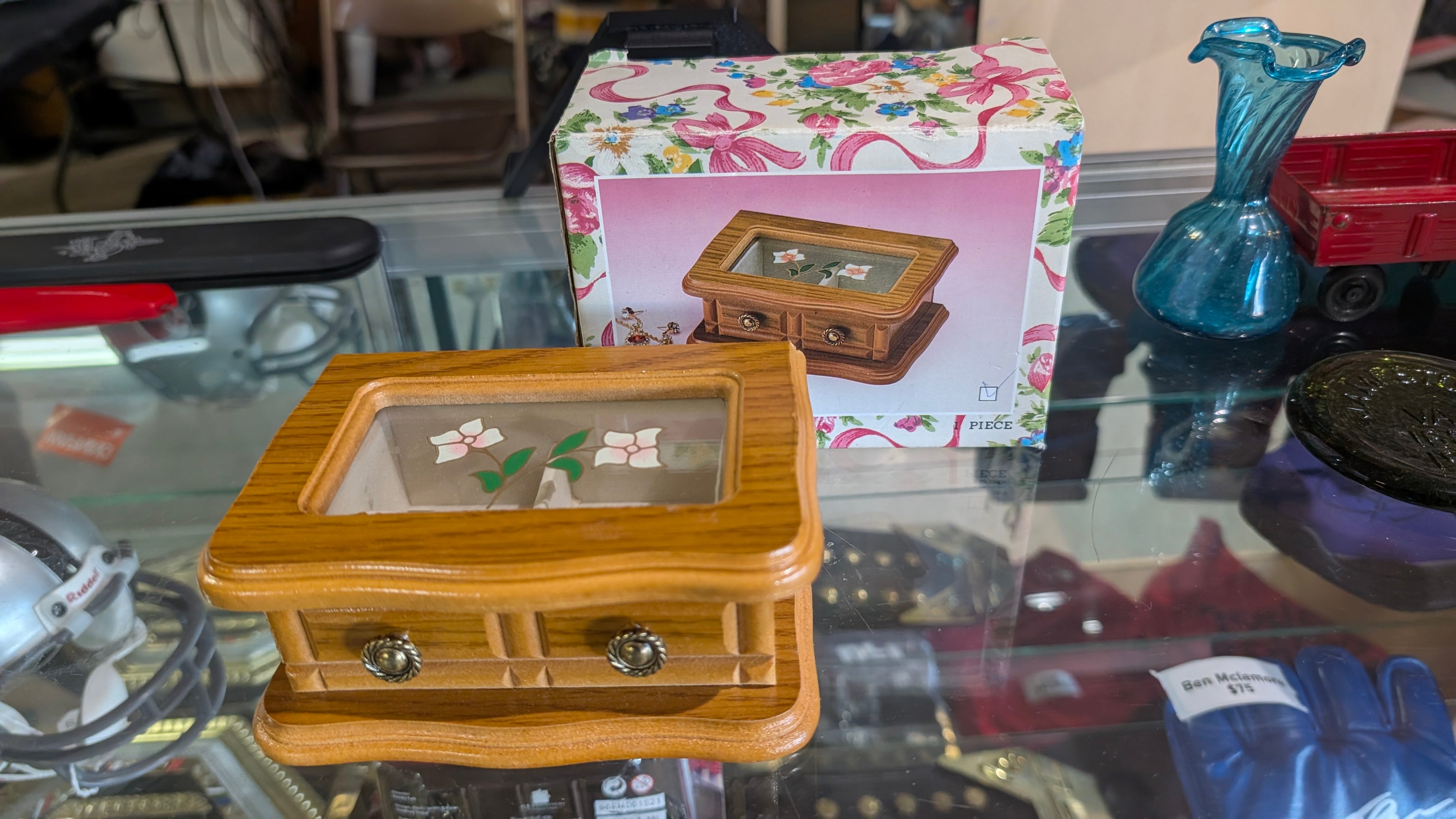 Vintage Floral Wood Jewelry Box Glass Lid Two Drawer Keepsake Display Case