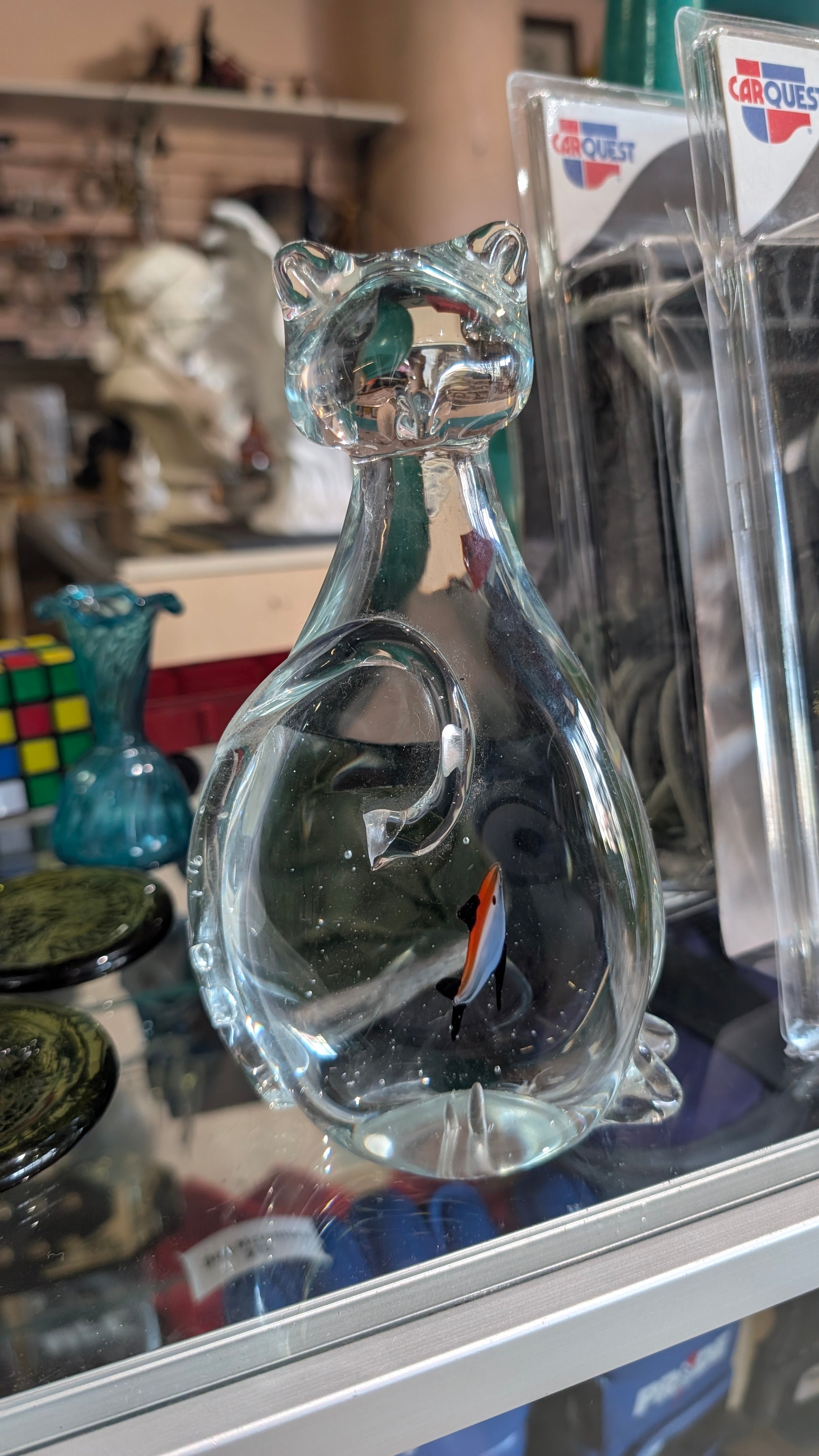 Glass Cat Paperweight Art Sculpture With Encased Fish Decorative Display Piece