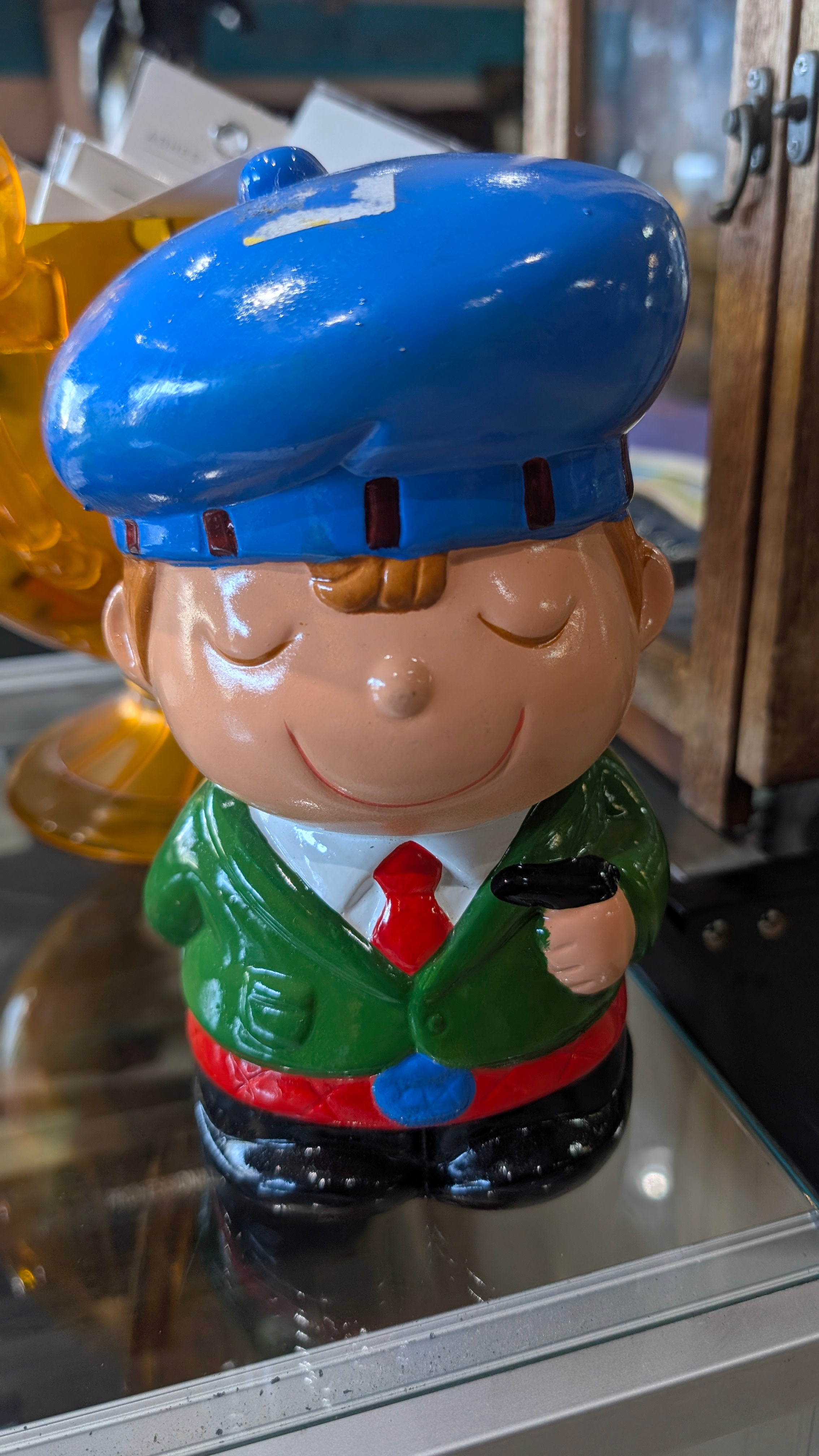 Ceramic Cartoon Boy Coin Bank Figurine Colorful Hand Painted Desk Decor Collectible