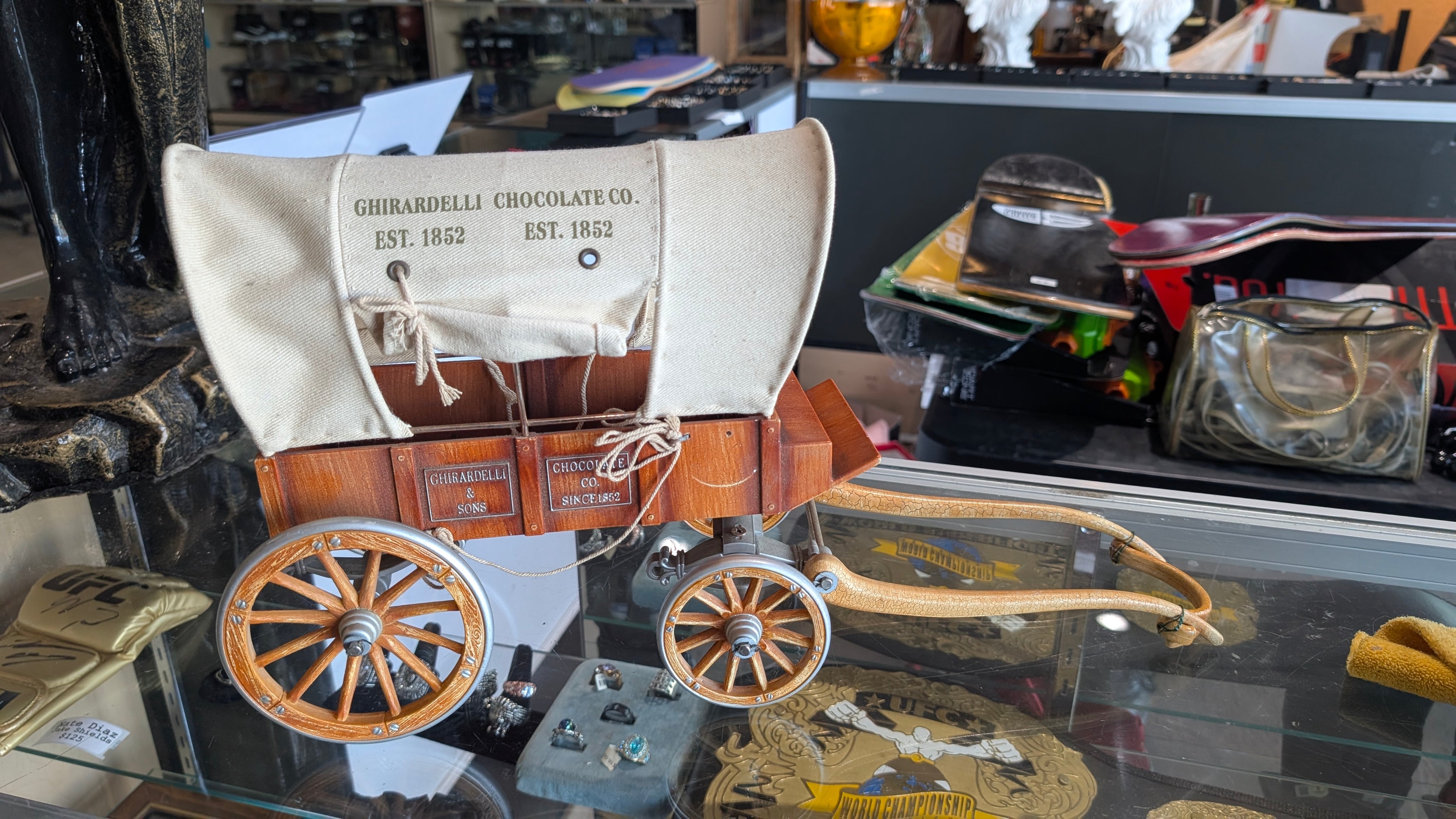 Vintage Ghirardelli Chocolate Company Covered Wagon Wood Display Cart Collectible Decor