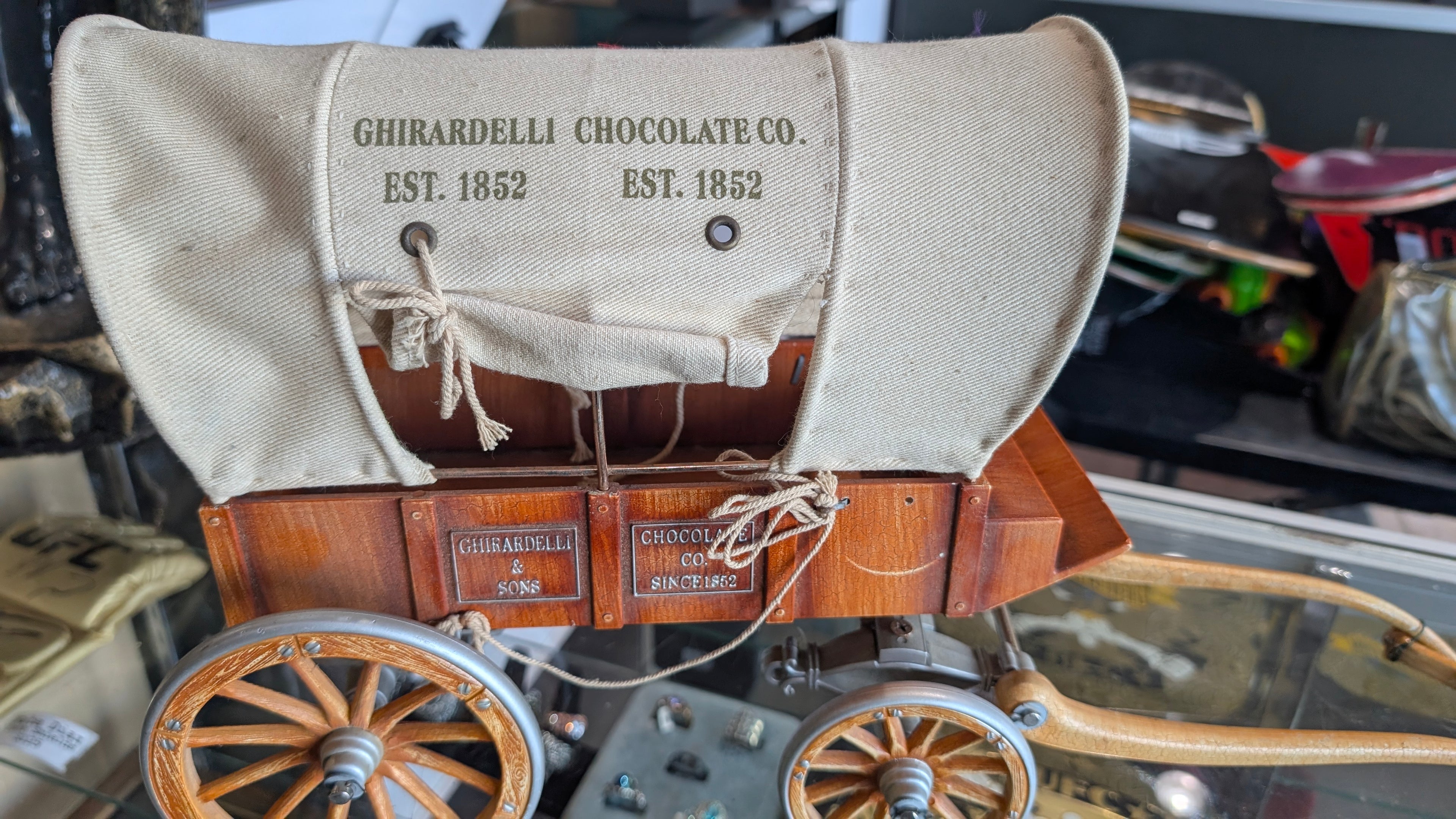 Vintage Ghirardelli Chocolate Company Covered Wagon Wood Display Cart Collectible Decor