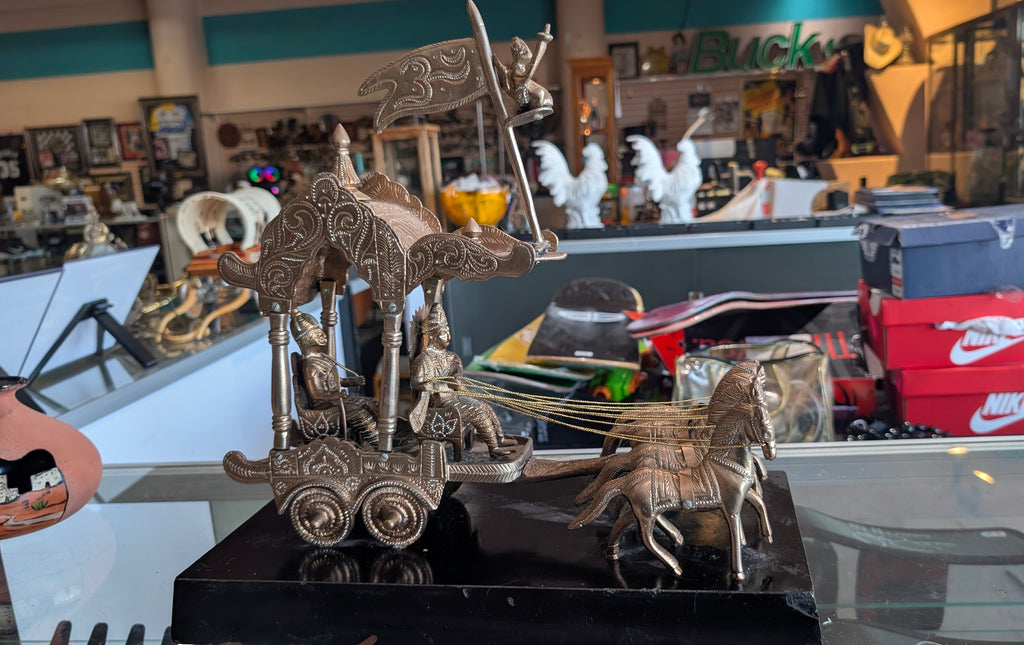 Mahabharata Krishna Arjuna Chariot Rath Metal Sculpture Hindu Handmade Decor