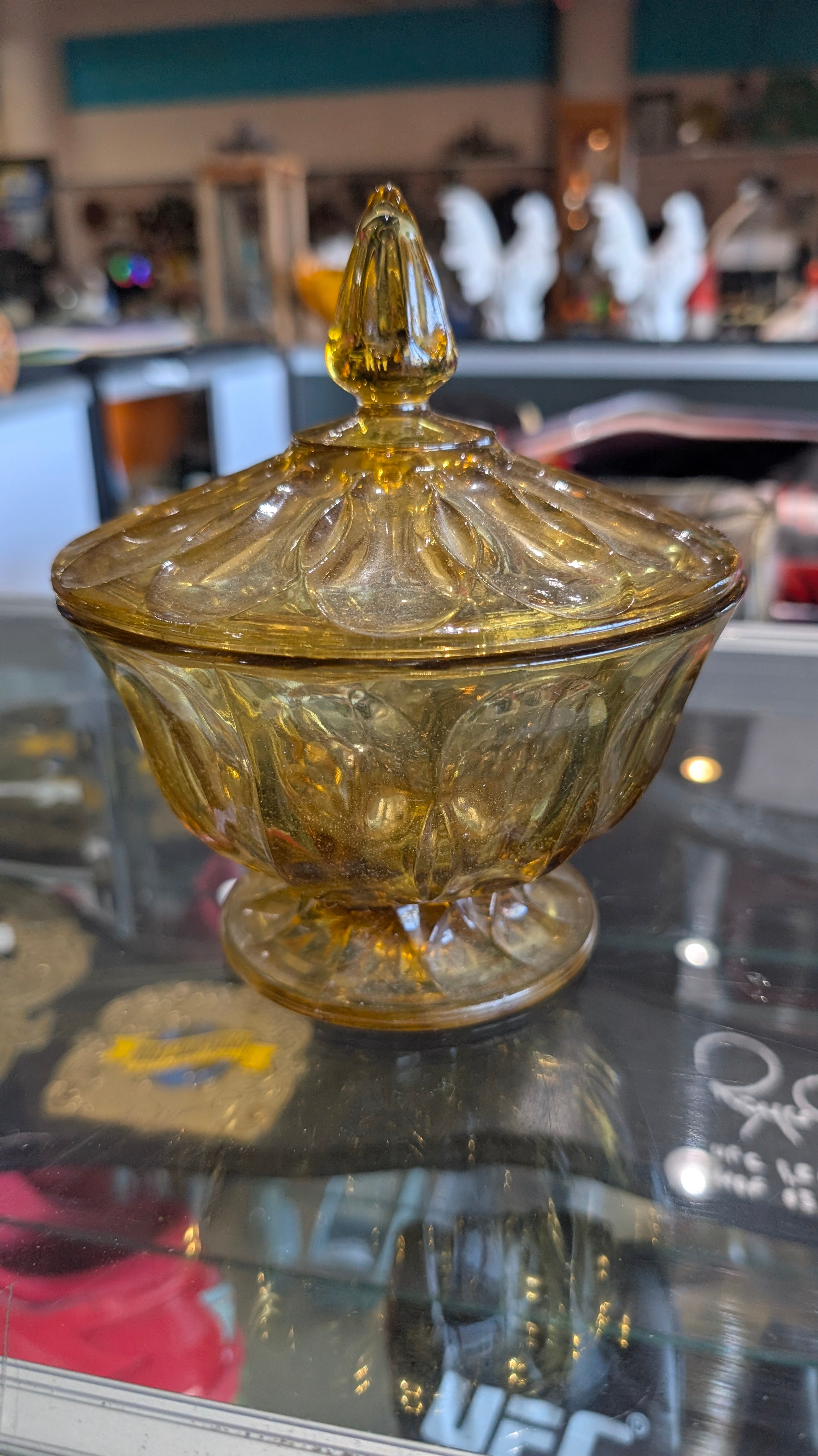 Vintage Amber Glass Lidded Candy Dish Pedestal Bowl Collectible Decor Display