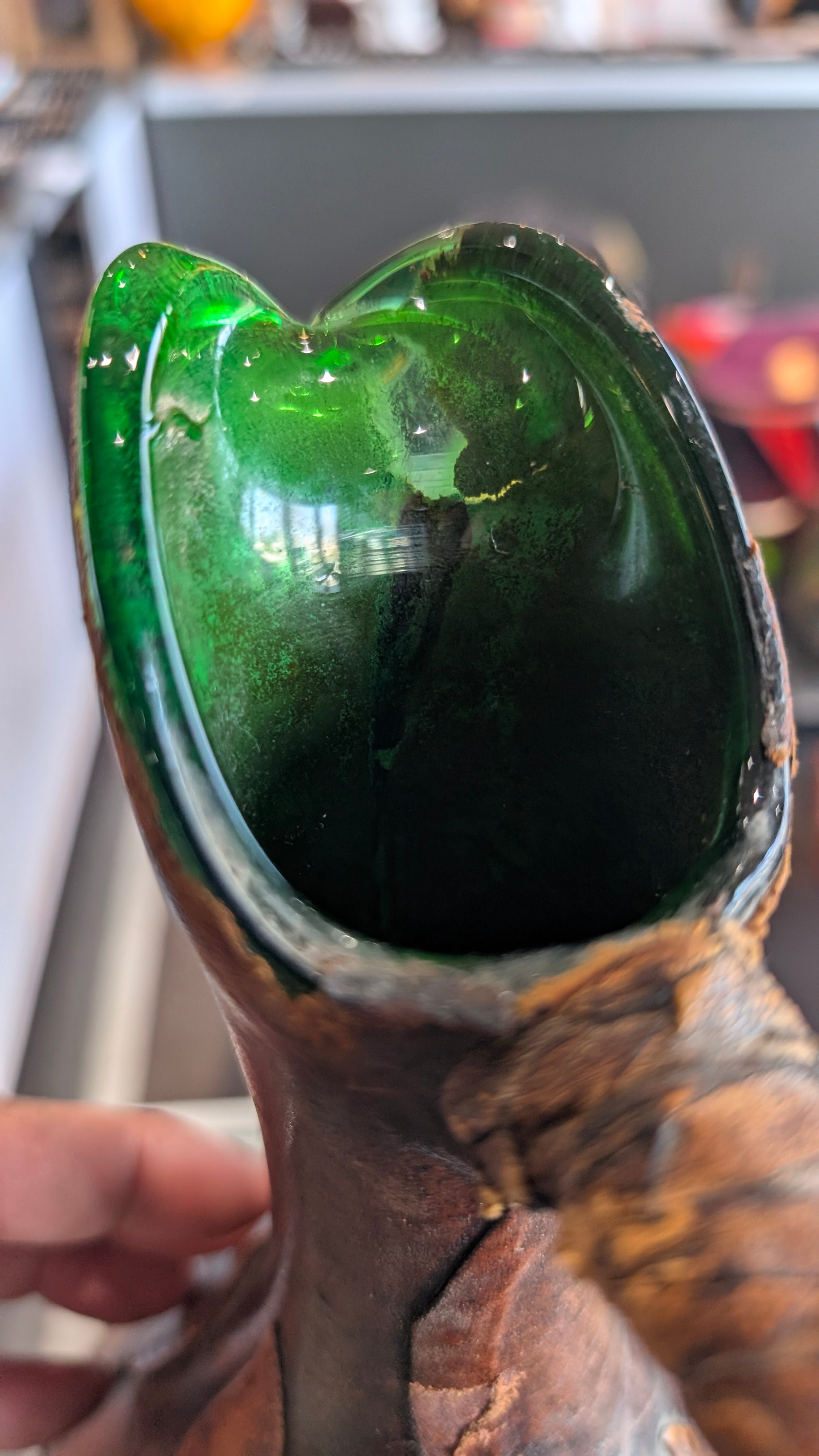 Vintage Leather Wrapped Glass Wine Pitcher Green Spout Decorative Ewer Display