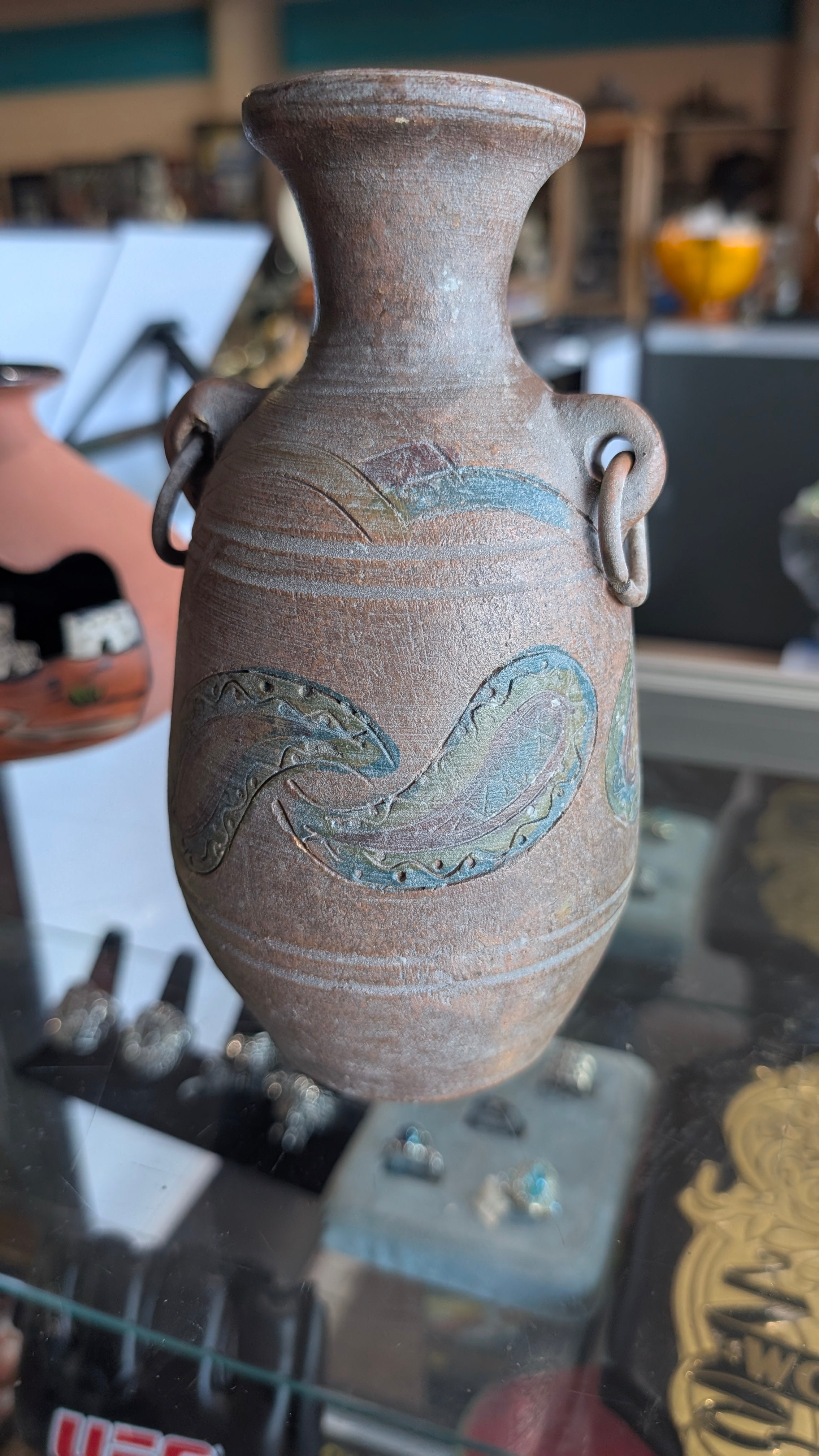 Vintage Handcrafted Studio Pottery Vase Ring Handles Earth Decor Collectible