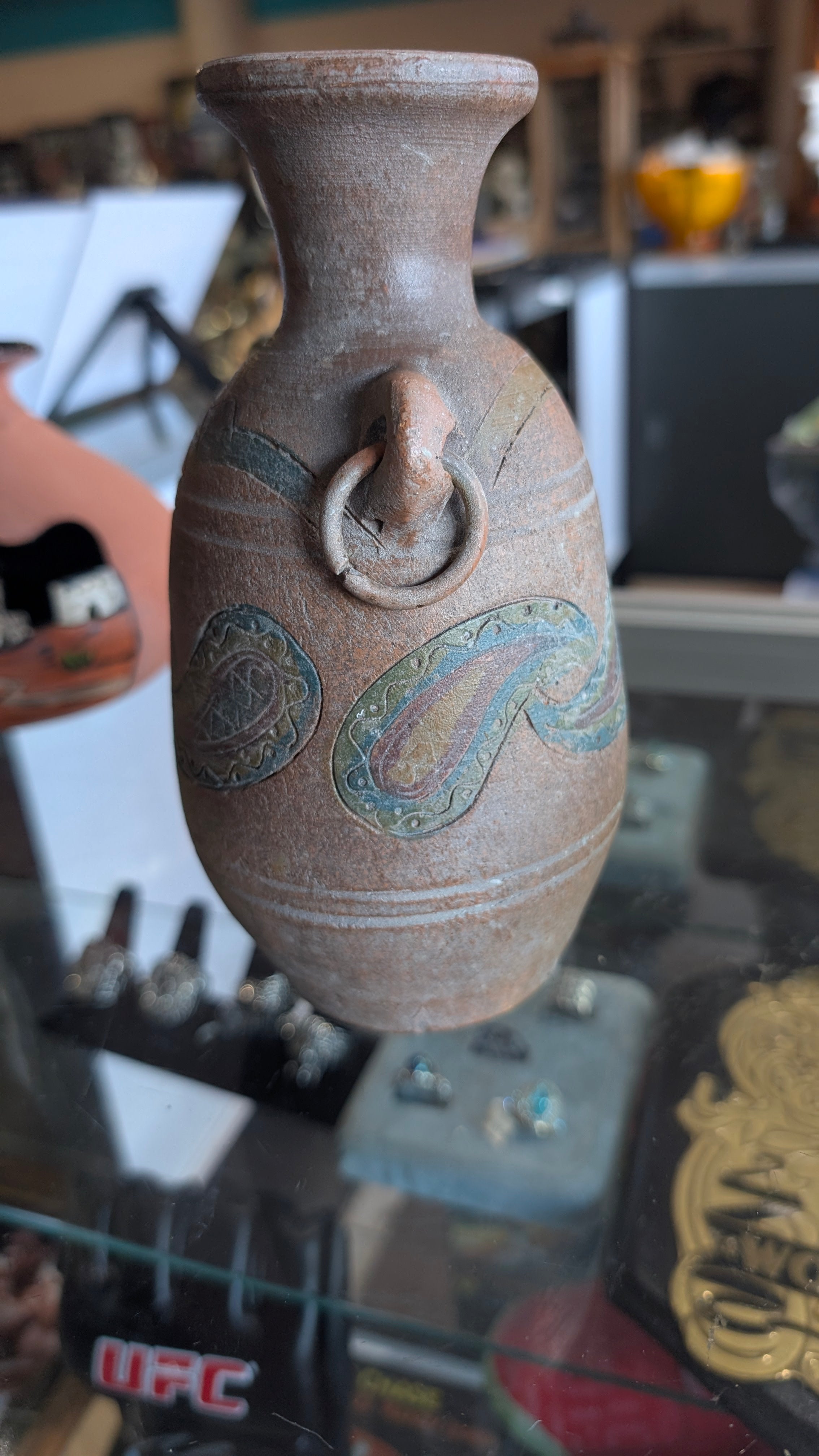 Vintage Handcrafted Studio Pottery Vase Ring Handles Earth Decor Collectible