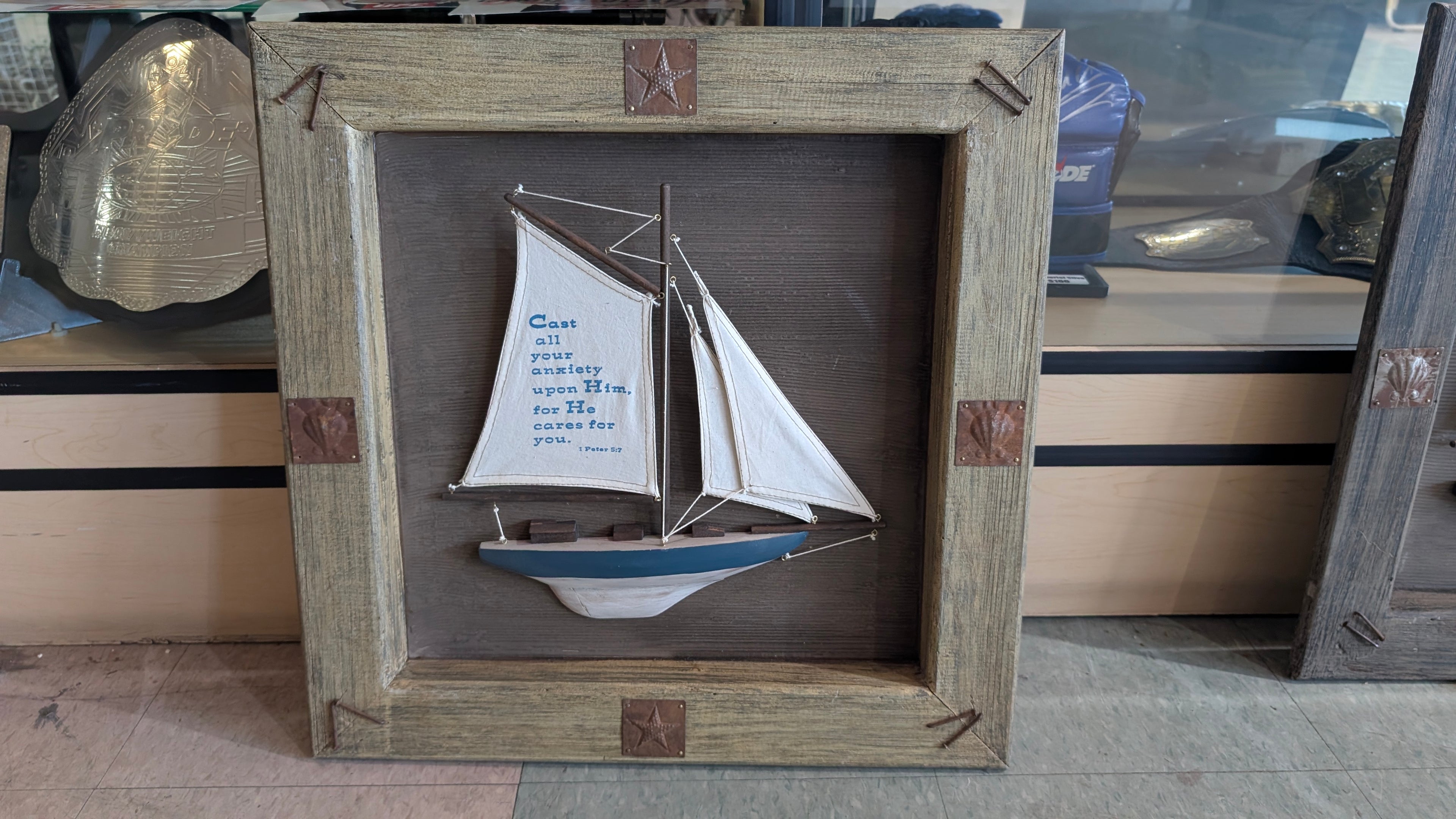 Vintage Rustic Framed Sailboat Wall Art Nautical Christian Scripture Decor Piece