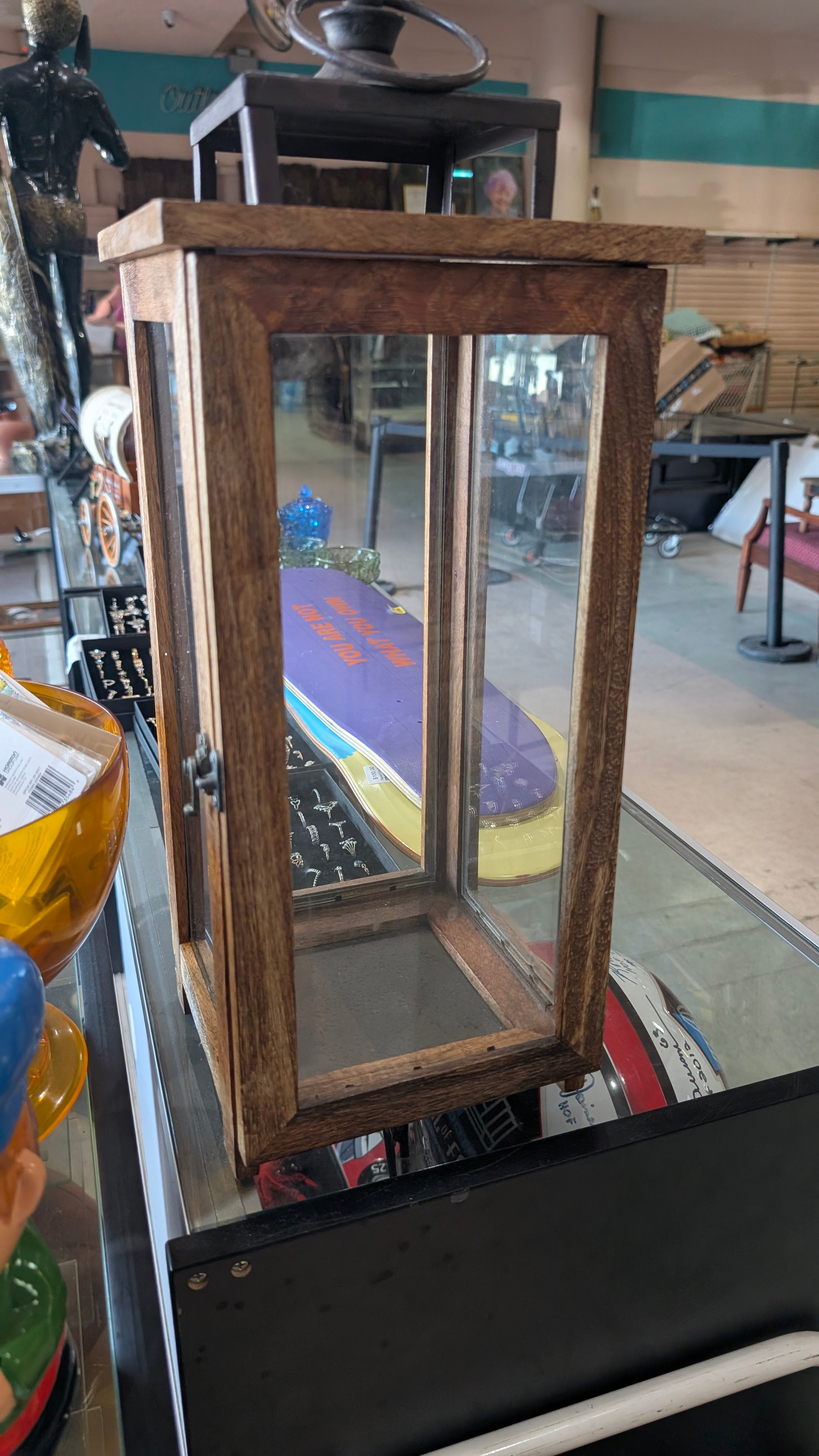 Vintage Wooden Glass Panel Lantern Display Case Rustic Farmhouse Decor Accent