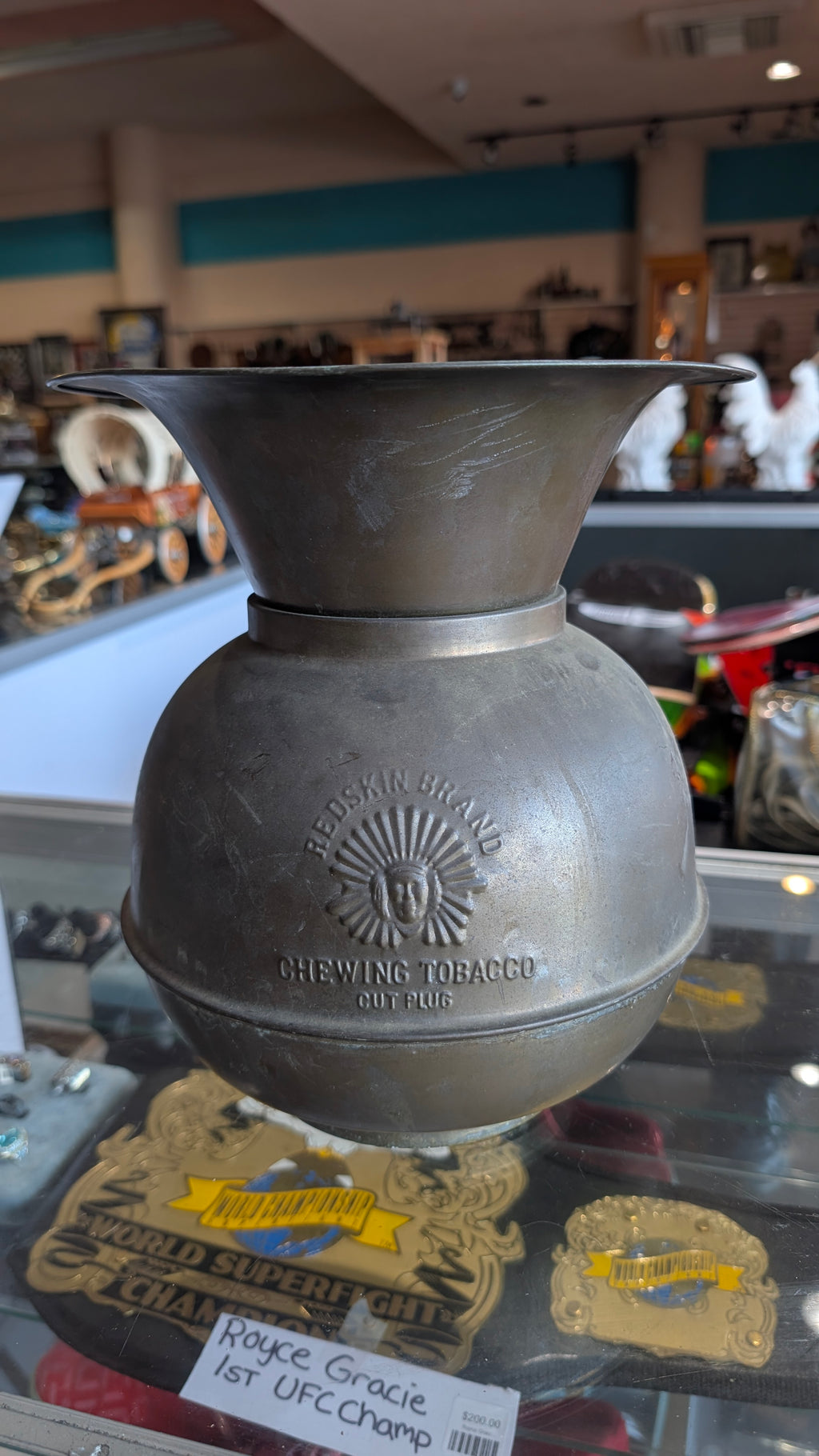 Vintage Redskin Brand Chewing Tobacco Spittoon Metal Advertising Display Piece