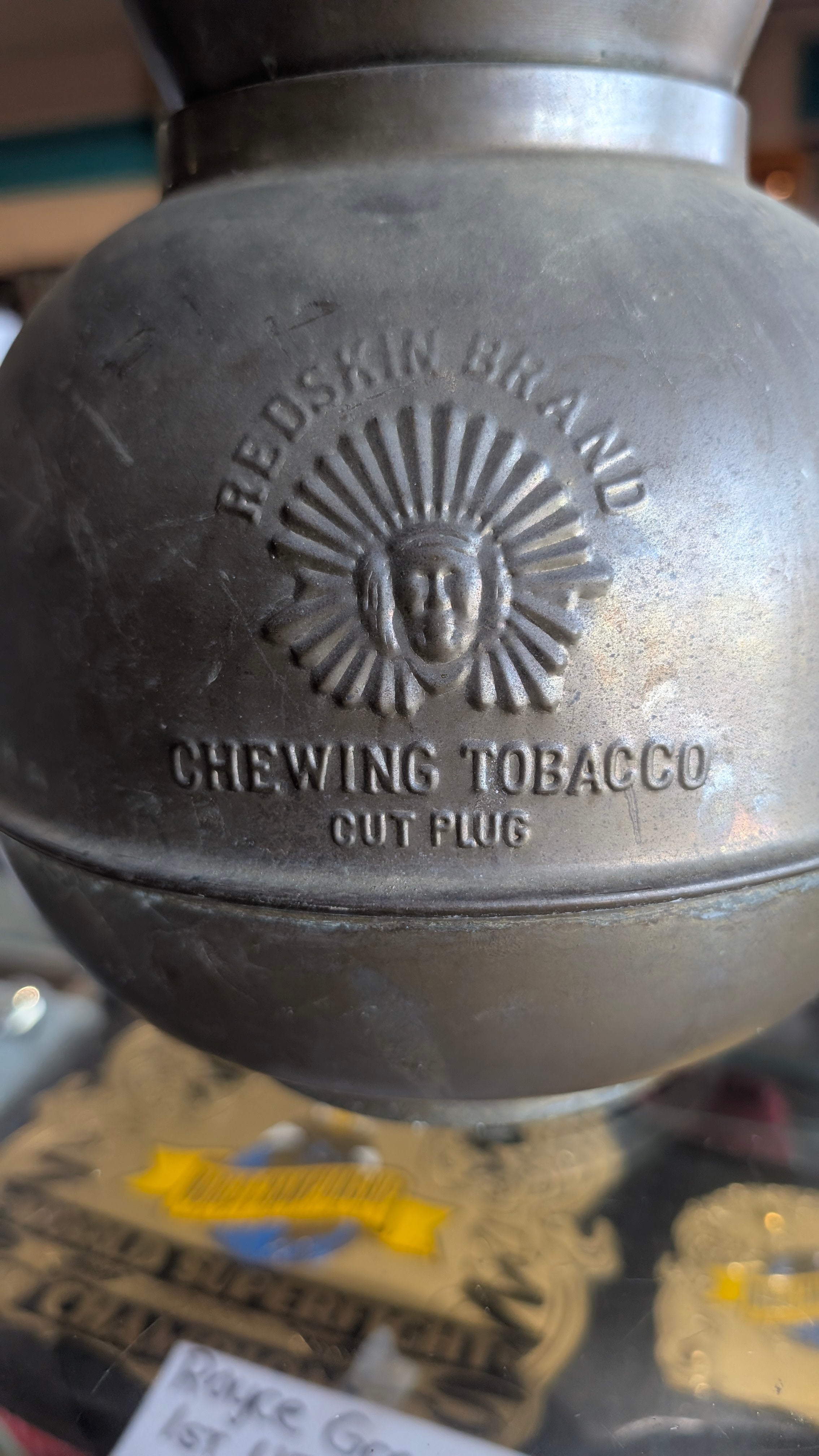 Vintage Redskin Brand Chewing Tobacco Spittoon Metal Advertising Display Piece