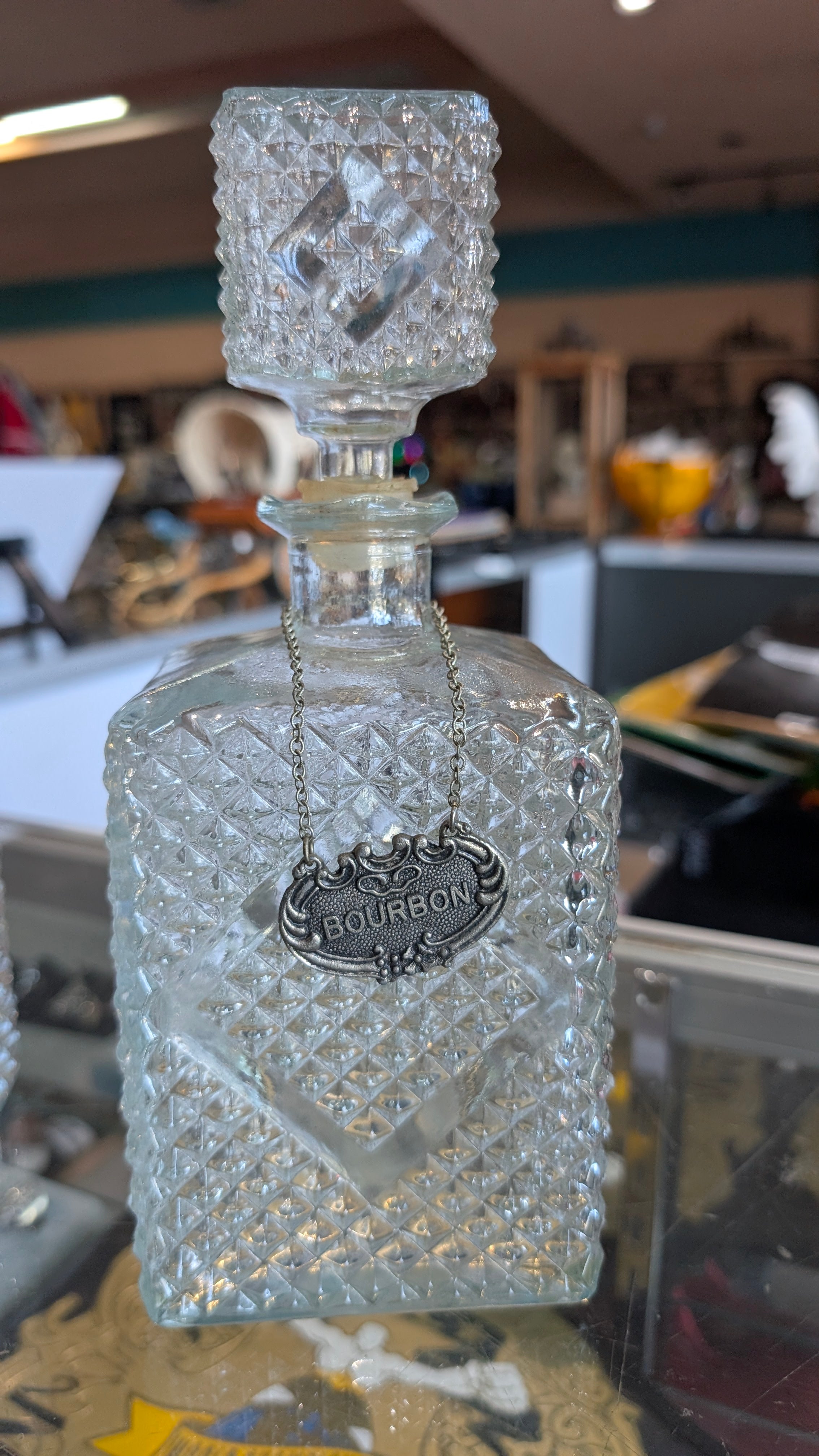 Vintage Diamond Cut Glass Bourbon Decanter With Stopper And Hanging Label Bar