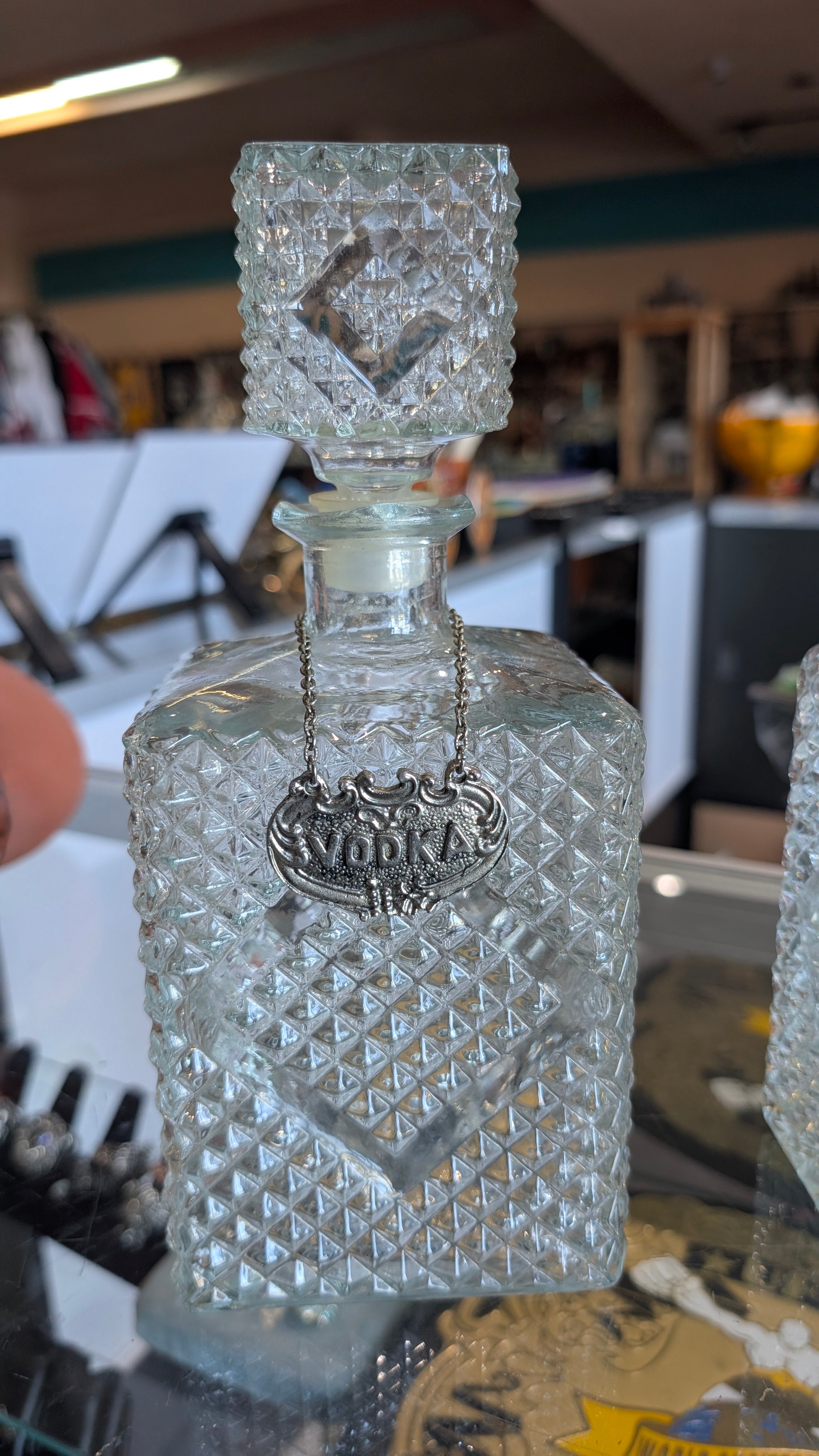 Vintage Diamond Cut Glass Vodka Decanter With Stopper And Hanging Label Bar