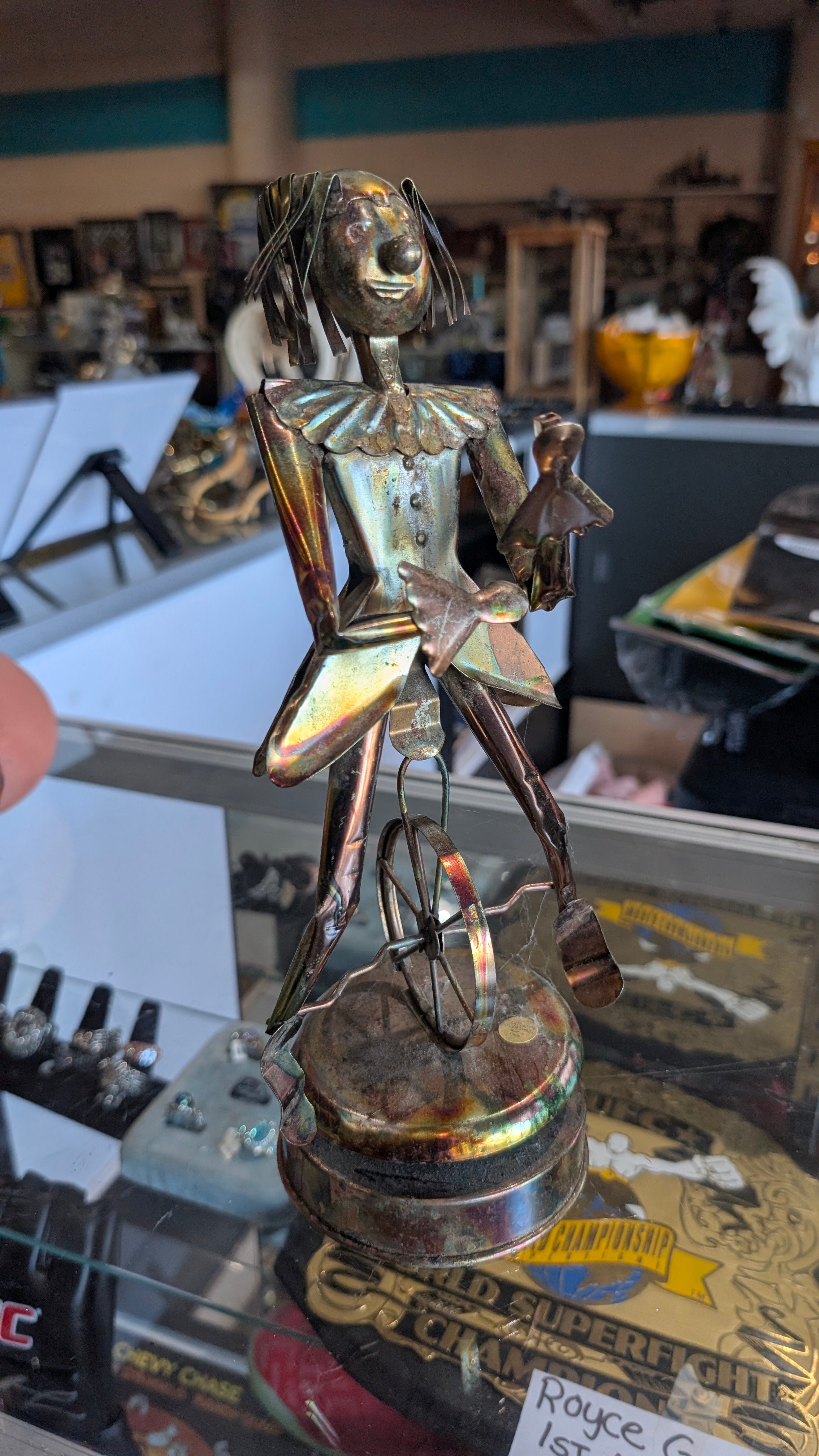 Vintage Handcrafted Metal Clown Unicycle Figurine Folk Art Sculpture Decor Piece