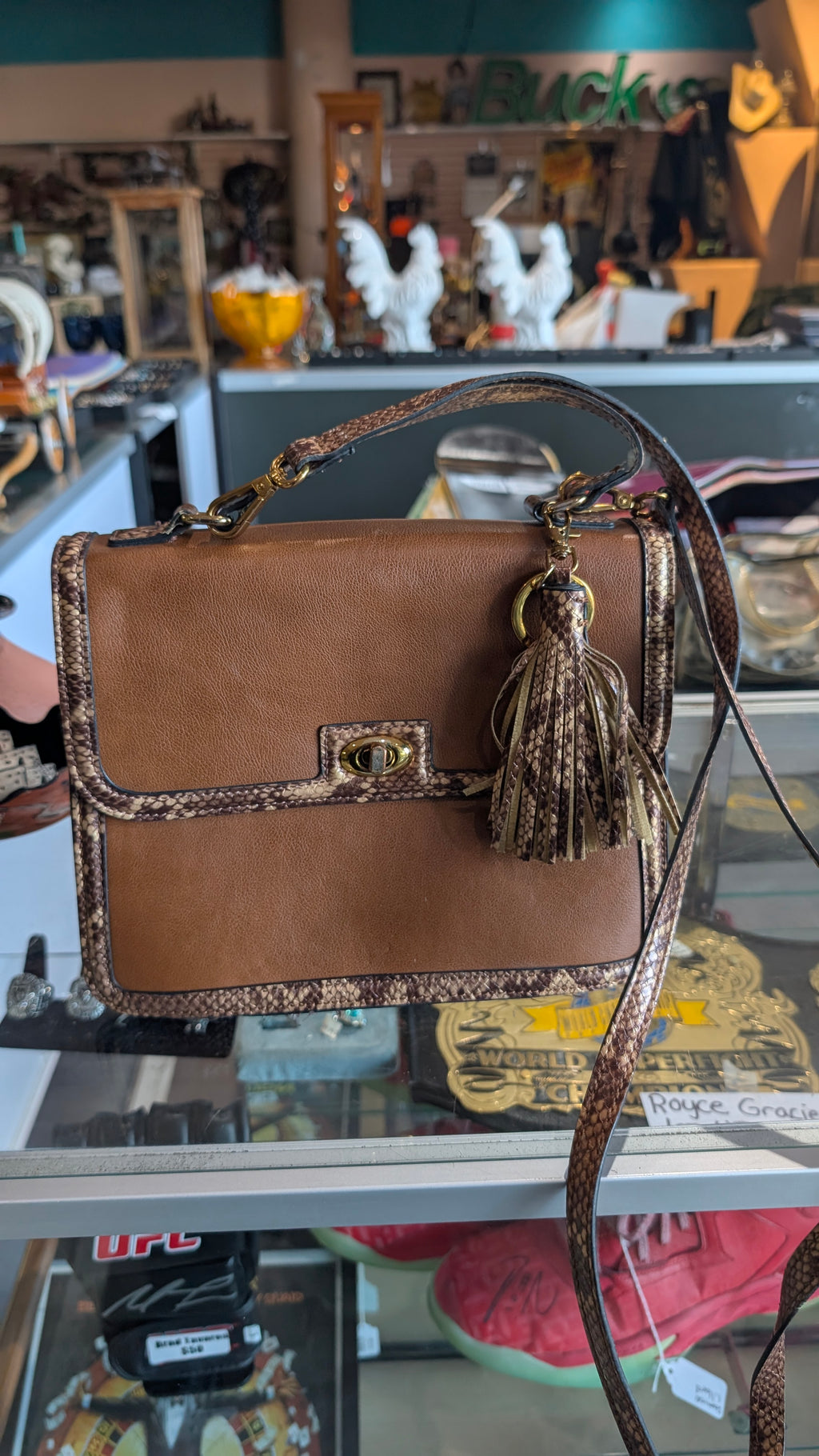 Rachel Zoe Brown Leather Snakeskin Trim Crossbody Handbag Tassel Designer Bag
