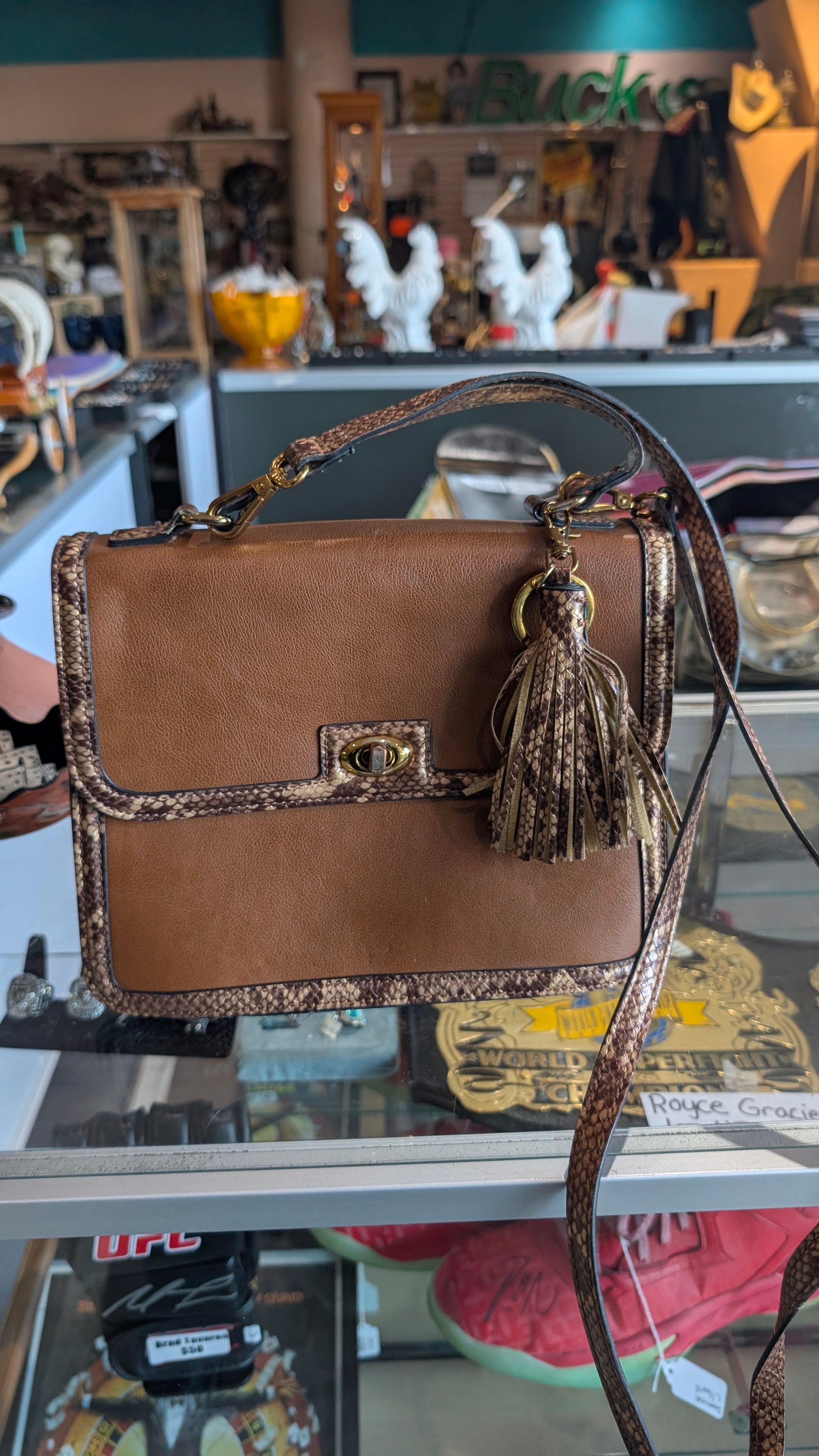 Rachel Zoe Brown Leather Snakeskin Trim Crossbody Handbag Tassel Designer Bag
