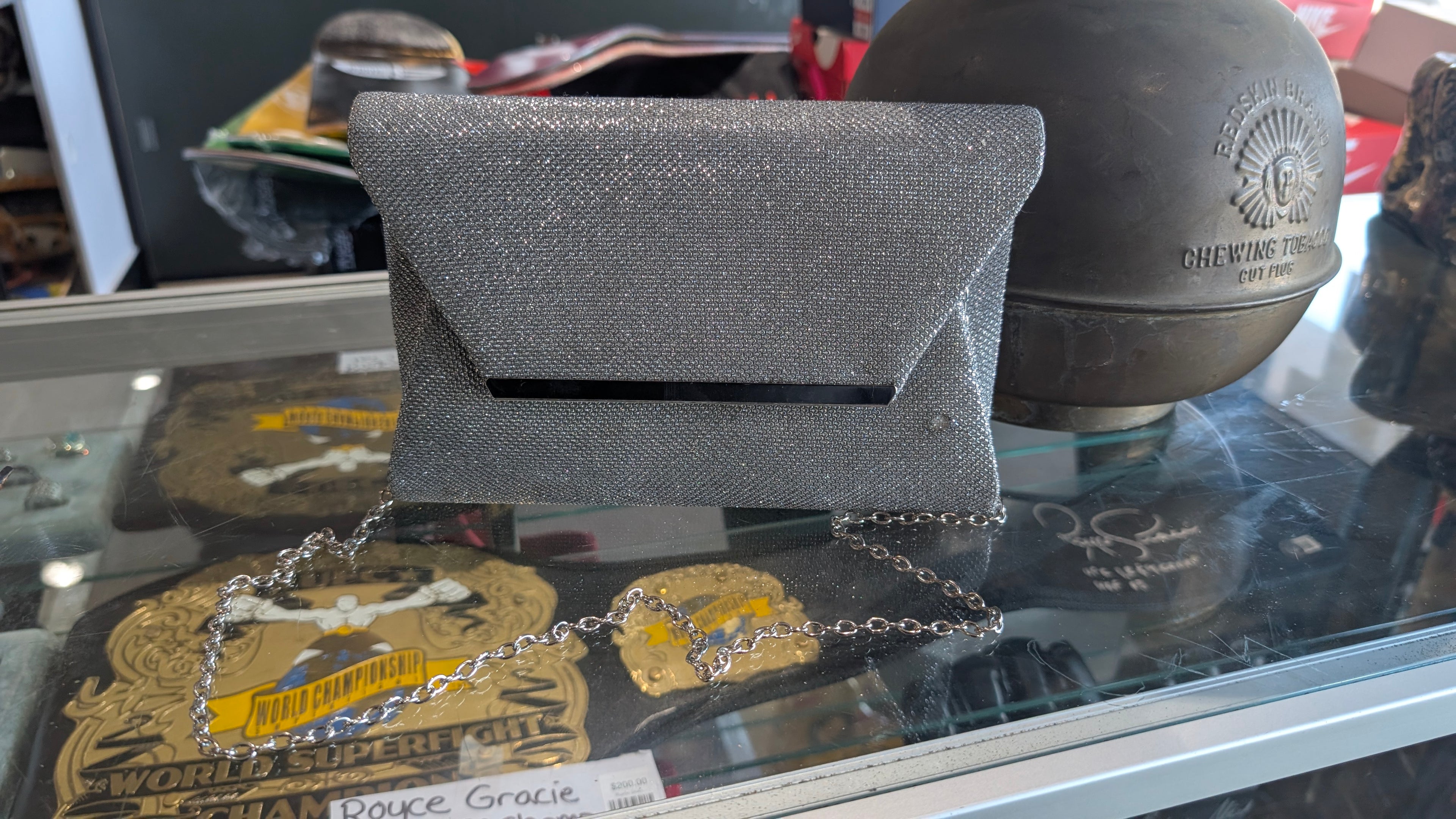 Jessica McClintock Silver Metallic Clutch Evening Bag Chain Strap Purse