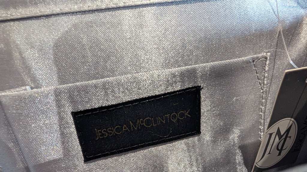 Jessica McClintock Silver Metallic Clutch Evening Bag Chain Strap Purse