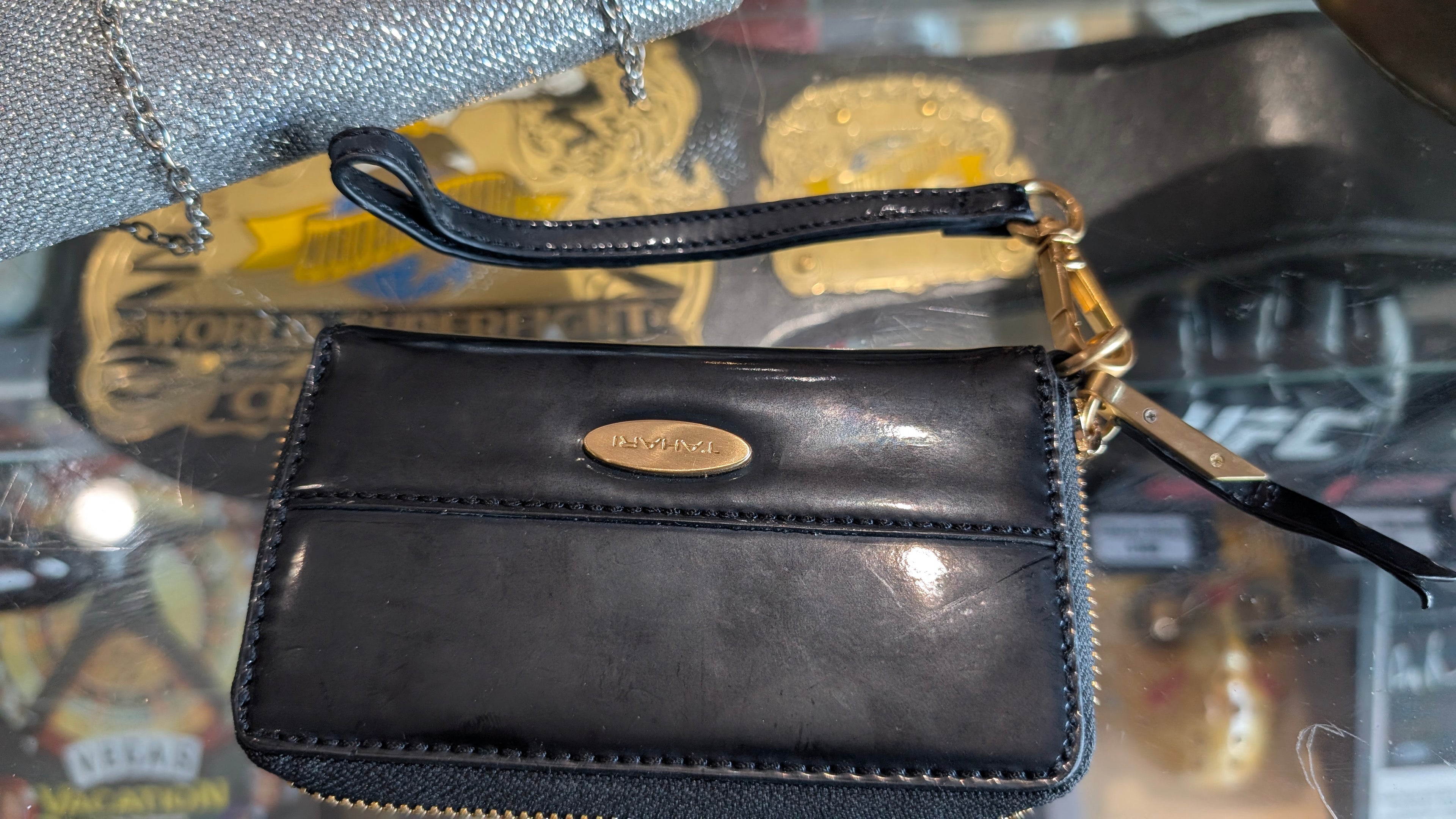 Tahari Black Patent Leather Wristlet Wallet Gold Hardware Zip Clutch